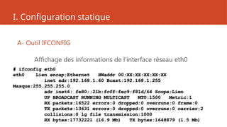 I. Configuration statique
A- Outil IFCONFIG
Affichage des informations de l’interface réseau eth0
# ifconfig eth0
eth0 Lien encap:Ethernet HWaddr 00:XX:XX:XX:XX:XX
inet adr:192.168.1.60 Bcast:192.168.1.255
Masque:255.255.255.0
adr inet6: fe80::21b:fcff:fec9:f81d/64 Scope:Lien
UP BROADCAST RUNNING MULTICAST MTU:1500 Metric:1
RX packets:16522 errors:0 dropped:0 overruns:0 frame:0
TX packets:13631 errors:0 dropped:0 overruns:0 carrier:2
collisions:0 lg file transmission:1000
RX bytes:17732221 (16.9 Mb) TX bytes:1648879 (1.5 Mb)
 