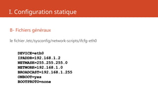 I. Configuration statique
B- Fichiers généraux
le fichier /etc/sysconfig/network-scripts/ifcfg-eth0
DEVICE=eth0
IPADDR=192.168.1.2
NETMASK=255.255.255.0
NETWORK=192.168.1.0
BROADCAST=192.168.1.255
ONBOOT=yes
BOOTPROTO=none
 