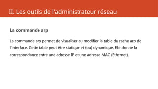 II. Les outils de l'administrateur réseau
La commande arp
La commande arp permet de visualiser ou modifier la table du cache arp de
l'interface. Cette table peut être statique et (ou) dynamique. Elle donne la
correspondance entre une adresse IP et une adresse MAC (Ethernet).
 