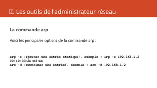 II. Les outils de l'administrateur réseau
La commande arp
Voici les principales options de la commande arp :
arp -s (ajouter une entrée statique), exemple : arp -s 192.168.1.2
00:40:33:2D:B5:DD
arp -d (supprimer une entrée), exemple : arp -d 192.168.1.2
 