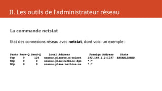 II. Les outils de l'administrateur réseau
La commande netstat
Etat des connexions réseau avec netstat, dont voici un exemple :
Proto Recv-Q Send-Q Local Address Foreign Address State
Tcp 0 126 uranus.planete.n:telnet 192.168.1.2:1037 ESTABLISHED
Udp 0 0 uranus.plan:netbios-dgm *:*
Udp 0 0 uranus.plane:netbios-ns *:*
 