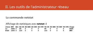 II. Les outils de l'administrateur réseau
La commande netstat
Affichage de statistiques avec netstat -i
Iface MTU Met RX-OK RX-ERR RX-DRP RX-OVR TX-OK TX-ERR TX-DRP TX-OVR Flags
Lo 3584 0 89 0 0 0 89 0 0 0 BLRU
Eth0 1500 0 215 0 0 0 210 0 0 0 BRU
 