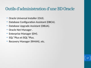 Outils d’administration d’une BD Oracle
• Oracle Universal Installer (OUI).
• Database Configuration Assistant (DBCA).
• Database Upgrade Assistant (DBUA).
• Oracle Net Manager .
• Enterprise Manager (EM).
• SQL*Plus et iSQL*Plus.
• Recovery Manager (RMAN), etc.
17
 