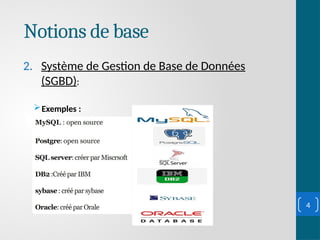 Notions de base
2. Système de Gestion de Base de Données
(SGBD):
Exemples :
4
 