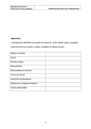 Résumé de théorie et
Guide de travaux pratiques ADMINISTRATION DU PERSONNEL
Application
L’entreprise EL BOURAK a procédé à l’embauche de M. KAMAL,agent comptable.
Après la lecture du contrat ci- après, complétez le tableau suivant :
Nature du contrat
Durée
Période d’essai
Rémunération
Renouvellement éventuel
Terme du contrat
Indemnité compensatrice
Référence au règlement intérieur
Autres particularités
12
 
