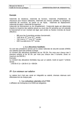 Résumé de théorie et
Guide de travaux pratiques ADMINISTRATION DU PERSONNEL
Exemple
Indemnité de résidence, indemnité de fonction, indemnité d’habillement, de
chaussure pour travaux salissants, indemnité pou travaux pénibles ou dangereux,
indemnité de nourriture, de panier ou de repas, indemnité de déplacement,
indemnité de séjour, indemnité de logement……
Indemnité de licenciement ou de congédiement : l’indemnité égale est déterminée
d’après la moyenne des salaires perçus au cours des 52 semaines qui ont précédé
le licenciement et son montant est égal, (par année ou fraction d’année de travail
effectif) à :
- 96h pour les 5 premières années d’ancienneté ;
- 144h de la 6ème
à la 10ème
année ;
- 192 h de la 11ème
à la 15ème
année ;
- 240 h au-delà de la 15ème
année.
c. Les allocations familiales
Ce sont des prestations servies par la caisse nationale de sécurité sociale (CNSS)
aux salariés ayant des enfants à charge.
Le montant des allocations familiales est de 150 Dh. Par mois pour chacun des 3
premiers enfants et de 36 Dh. par mois pou chacun des 3 suivants. (Avec un
maximum de 558 Dh.)
Exemple :
Le montant des allocations familiales reçu par un salarié, marié et ayant 7 enfants
est de :
(150 Dh X 3) + (36 Dh X 3) = 558 Dh
IV- Les retenues sur salaires
Le salaire brut n’est pas versé en intégralité au salarié, diverses retenues sont
effectuées lors de chaque paie.
1. Les cotisations salariales à la CNSS
L’affiliation de l’entreprise à la CNSS est obligatoire.
29
 