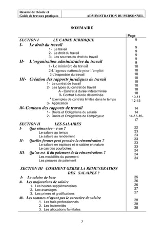 Résumé de théorie et
Guide de travaux pratiques ADMINISTRATION DU PERSONNEL
SOMMAIRE
Page
SECTION I LE CADRE JURIDIQUE
I- Le droit du travail
1- Le travail
2- Le droit du travail
3- Les sources du droit du travail
II- L’organisation administrative du travail
1- Le ministère du travail
2-L’agence nationale pour l’emploi
3-L’inspection du travail
III- Création des rapports juridiques de travail
1- Le contrat de travail
2- Les types du contrat de travail
A - Contrat à durée indéterminée
B- Contrat à durée déterminée
* Exemples de contrats limités dans le temps
3- Application
IV- Contenu des rapports de travail
1- Droits et Obligations du salarié
2- Droits et Obligations de l’employeur
SECTION II LES SALAIRES
I- Que rémunère – t-on ?
Le salaire au temps
Le salaire au rendement
II- Quelles formes peut prendre la rémunération ?
Le salaire en espèces et le salaire en nature
Le cas des pourboires
III- Qu’en est- il du paiement de la rémunérations ?
Les modalités du paiement
Les preuves de paiement
SECTION III COMMENT GERER LA REMUNERATION
DES SALAIRES ?
I- Le salaire de base
II- Les majorations de salaire
1. Les heures supplémentaires
2. Les avantages
3. Les primes et gratifications
III- Les sommes n’ayant pas le caractère de salaire
1. Les frais professionnels
2. Les indemnités
3. Les allocations familiales
9
9
9
9
9
9
10
10
10
10
10
10
10
10
10-11
12-13
14
14
14-15-16-
17
22
23
23
23
23
23
24
24
24
25
26
26
27
27
28
28
28
3
 