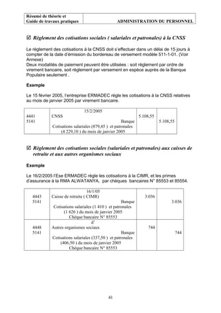 Résumé de théorie et
Guide de travaux pratiques ADMINISTRATION DU PERSONNEL
 Règlement des cotisations sociales ( salariales et patronales) à la CNSS
Le règlement des cotisations à la CNSS doit s’effectuer dans un délai de 15 jours à
compter de la date d’émission du bordereau de versement modèle 511-1-01. (Voir
Annexe)
Deux modalités de paiement peuvent être utilisées : soit règlement par ordre de
virement bancaire, soit règlement par versement en espèce auprès de la Banque
Populaire seulement .
Exemple
Le 15 février 2005, l’entreprise ERMADEC règle les cotisations à la CNSS relatives
au mois de janvier 2005 par virement bancaire.
4441
5141
15/2/2005
CNSS
Banque
Cotisations salariales (879,45 ) et patronales
(4 229,10 ) du mois de janvier 2005
5.108,55
5.108,55
 Règlement des cotisations sociales (salariales et patronales) aux caisses de
retraite et aux autres organismes sociaux
Exemple
Le 16/2/2005 l’Ese ERMADEC règle les cotisations à la CIMR, et les primes
d’assurance à la RMA ALWATANYA, par chèques bancaires N° 85553 et 85554.
4443
5141
16/1/05
Caisse de retraite ( CIMR)
Banque
Cotisations salariales (1 410 ) et patronales
(1 626 ) du mois de janvier 2005
Chèque bancaire N° 85553
3.036
3.036
4448
5141
d’
Autres organismes sociaux
Banque
Cotisations salariales (337,50 ) et patronales
(406,50 ) du mois de janvier 2005
Chèque bancaire N° 85553
744
744
41
 