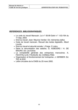 Résumé de théorie et
Guide de travaux pratiques ADMINISTRATION DU PERSONNEL
REFERENCES BIBLIOGRAPHIQUES
• Le code du travail Marocain. Loi n° 65-99 Dahir n° 1-03-194 du
11 Sep. 2003
• Droit du travail. Jean- Maurice Verdier. Ed. mémentos dalloz
• Code de travail marocain. Recueil des textes législatifs. Albert
Lourde.
• Droit du travail et sécurité sociale. L.Farge. C.Lobry.
• Gérer la rémunération des salaires. G. AUBOURG / H. DE
MOURA. Ed. Les Echos
• La comptabilité générale des entreprises marocaines. A.
FECHTALI et B. FOUGUIG. Ed. CONSULTING
• Organisation et fonctionnement de l’entreprise. J. GERBIER. Ed.
TEC & DOC
• Lettre circulaire de la CNSS du 25 mars 2002.
48
 