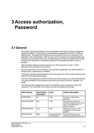 BRAUMAT/SISTAR Classic 5.3
Administration
A5E00239375-06 3-1
3 Access authorization,
Password
3.1 General
The System offers the possibility to have all operations and inputs to subject a staggered
password protection. The protection is guaranteed by assignments of level (2 to 255) for
defined users. The adjustment of level and announcement of the user is executed in the
application 'user administration'. After the query of the username and password before the
execution of a protected function, the corresponding user–level are compared with the filed
function–level. Only after a successful comparison the requested operation or input is
possible.
With the System delivery only the username 'su' with password 'su' Level 1...255 is
defaulted for the execution of all functions.
Level and username can be changed in any way by the application 'user administration', if
the level 200 (= Systemuser) is available.
The System requests automatically the input of the password, if the currently valid level isn't
sufficient for the requested operation.
The input of the password is divided into the input of the username as well as the password.
The typed characters for the password are shown by the sign [*] and are , therefore, not
visible.
The following User–staggering is useful. It is possible to enter several user under each
usergroup. The combination of the actions can also be adapted accordingly:
User–Group Short-Name
(Example.)
Level Actions (Example)
SUPERUSER Su 1-255 Execution of all functions
permitted
OPERATORUSER Bed 1-100 Only selection of the user –
functions possible (left side in the
menu). No configuration, no
System functions.
PROGRAMUSER Prog 1-200 Selection of the user – and
configuration. No functions
possible.
SPECIALUSER Spez <very special Level
or Levelsection>
Only authorized for one or
several very special function (s).
 