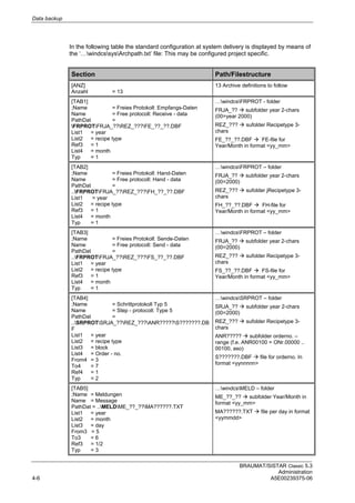 Data backup
BRAUMAT/SISTAR Classic 5.3
Administration
4-6 A5E00239375-06
In the following table the standard configuration at system delivery is displayed by means of
the ‘…windcssysArchpath.txt’ file: This may be configured project specific.
Section Path/Filestructure
[ANZ]
Anzahl = 13
13 Archive definitions to follow
[TAB1]
;Name = Freies Protokoll: Empfangs-Daten
Name = Free protocoll: Receive - data
PathDat =
FRPROTFRJA_??REZ_???FE_??_??.DBF
List1 = year
List2 = recipe type
Ref3 = 1
List4 = month
Typ = 1
…windcsFRPROT - folder
FRJA_??  subfolder year 2-chars
(00=year 2000)
REZ_???  sufolder Recipetype 3-
chars
FE_??_??.DBF  FE-file for
Year/Month in format <yy_mm>
[TAB2]
;Name = Freies Protokoll: Hand-Daten
Name = Free protocoll: Hand - data
PathDat =
..FRPROTFRJA_??REZ_???FH_??_??.DBF
List1 = year
List2 = recipe type
Ref3 = 1
List4 = month
Typ = 1
…windcsFRPROT – folder
FRJA_??  subfolder year 2-chars
(00=2000)
REZ_???  sufolder jRecipetype 3-
chars
FH_??_??.DBF  FH-file for
Year/Month in format <yy_mm>
[TAB3]
;Name = Freies Protokoll: Sende-Daten
Name = Free protocoll: Send - data
PathDat =
..FRPROTFRJA_??REZ_???FS_??_??.DBF
List1 = year
List2 = recipe type
Ref3 = 1
List4 = month
Typ = 1
…windcsFRPROT – folder
FRJA_??  subfolder year 2-chars
(00=2000)
REZ_???  sufolder Recipetype 3-
chars
FS_??_??.DBF  FS-file for
Year/Month in format <yy_mm>
[TAB4]
;Name = Schrittprotokoll Typ 5
Name = Step - protocoll: Type 5
PathDat =
..SRPROTSRJA_??REZ_???ANR?????S???????.DB
F
List1 = year
List2 = recipe type
List3 = block
List4 = Order - no.
From4 = 3
To4 = 7
Ref4 = 1
Typ = 2
…windcsSRPROT – folder
SRJA_??  subfolder year 2-chars
(00=2000)
REZ_???  sufolder Recipetype 3-
chars
ANR?????  subfolder orderno. –
range (f.e. ANR00100 = ONr.00000 ..
00100, aso)
S???????.DBF  file for orderno. In
format <yynnnnn>
[TAB5]
;Name = Meldungen
Name = Message
PathDat = ..MELDME_??_??MA??????.TXT
List1 = year
List2 = month
List3 = day
From3 = 5
To3 = 6
Ref3 = 1/2
Typ = 3
…windcsMELD – folder
ME_??_??  subfolder Year/Month in
format <yy_mm>
MA??????.TXT  file per day in format
<yymmdd>
 