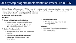 Step by Step program Implementation Procedure in NRM
Natural Resource Management (NRM) programs require systematic planning, execution, and monitoring
to ensure sustainability. Below is a step-by-step breakdown of NRM program implementation, with
examples from Bangladesh and global best practices.
1. Planning & Needs Assessment
Key Steps:
 Resource Mapping & Baseline Studies
o Conduct surveys (land, water, forest cover).
o Example: Bangladesh Forest Inventory
(BFI) assesses deforestation rates.
 Stakeholder Consultation
o Engage communities, NGOs, and government
agencies.
o Example: Sundarbans Co-Management
Committees involve local fisherfolk in
conservation.
 Problem Identification
o Prioritize issues (e.g., water scarcity,
soil degradation).
Tools Used:
 GIS mapping, participatory rural appraisal
(PRA), SWOT analysis.
 