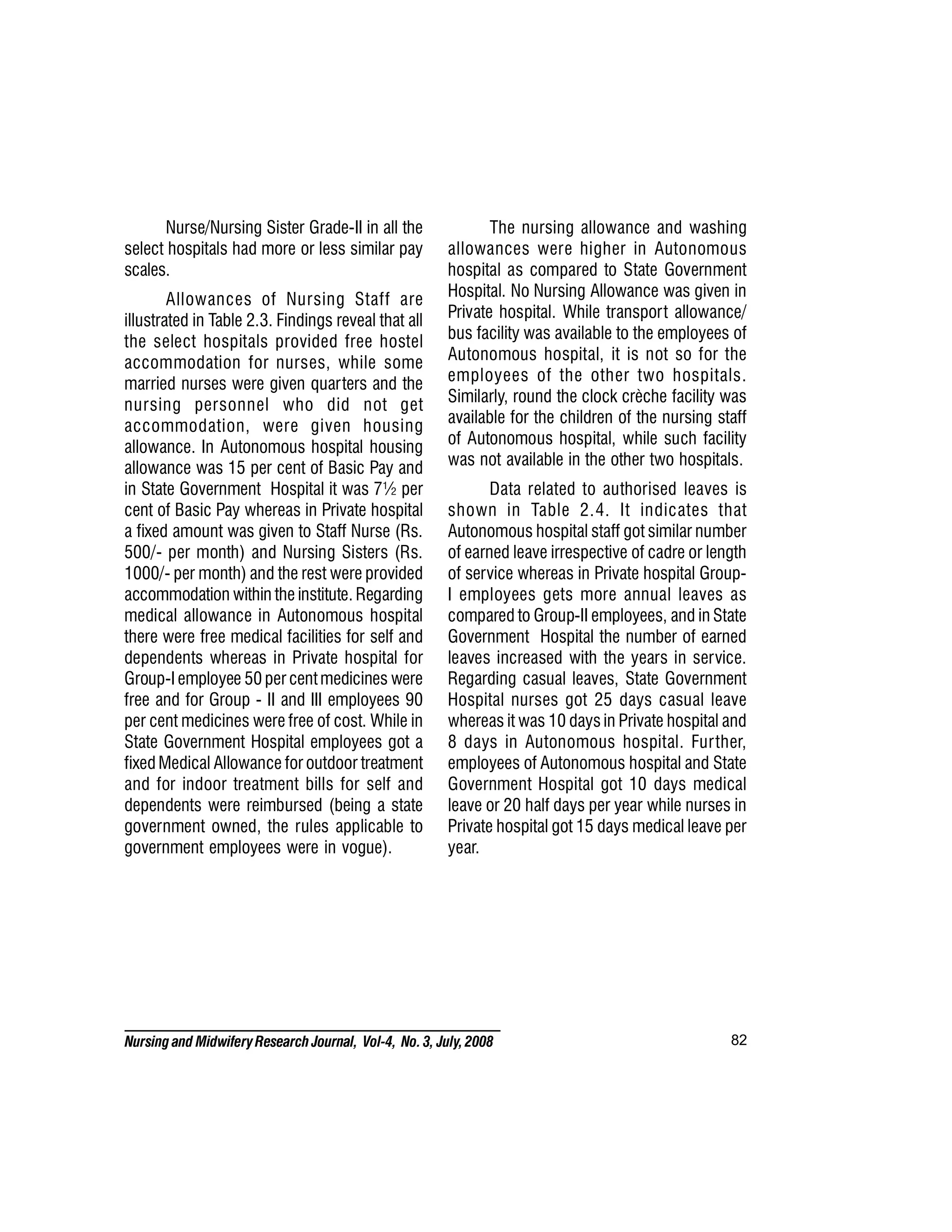 82
Nursing and MidwiferyResearch Journal, Vol-4, No. 3, July, 2008
Nurse/Nursing Sister Grade-II in all the
select hospitals had more or less similar pay
scales.
Allowances of Nursing Staff are
illustrated in Table 2.3. Findings reveal that all
the select hospitals provided free hostel
accommodation for nurses, while some
married nurses were given quarters and the
nursing personnel who did not get
accommodation, were given housing
allowance. In Autonomous hospital housing
allowance was 15 per cent of Basic Pay and
in State Government Hospital it was 7½ per
cent of Basic Pay whereas in Private hospital
a fixed amount was given to Staff Nurse (Rs.
500/- per month) and Nursing Sisters (Rs.
1000/- per month) and the rest were provided
accommodation within the institute. Regarding
medical allowance in Autonomous hospital
there were free medical facilities for self and
dependents whereas in Private hospital for
Group-I employee 50 per centmedicines were
free and for Group - II and III employees 90
per cent medicines were free of cost. While in
State Government Hospital employees got a
fixed Medical Allowance for outdoor treatment
and for indoor treatment bills for self and
dependents were reimbursed (being a state
government owned, the rules applicable to
government employees were in vogue).
The nursing allowance and washing
allowances were higher in Autonomous
hospital as compared to State Government
Hospital. No Nursing Allowance was given in
Private hospital. While transport allowance/
bus facility was available to the employees of
Autonomous hospital, it is not so for the
employees of the other two hospitals.
Similarly, round the clock crèche facility was
available for the children of the nursing staff
of Autonomous hospital, while such facility
was not available in the other two hospitals.
Data related to authorised leaves is
shown in Table 2.4. It indicates that
Autonomous hospital staff got similar number
of earned leave irrespective of cadre or length
of service whereas in Private hospital Group-
I employees gets more annual leaves as
compared to Group-II employees, and in State
Government Hospital the number of earned
leaves increased with the years in service.
Regarding casual leaves, State Government
Hospital nurses got 25 days casual leave
whereas it was 10 days in Private hospital and
8 days in Autonomous hospital. Further,
employees of Autonomous hospital and State
Government Hospital got 10 days medical
leave or 20 half days per year while nurses in
Private hospital got 15 days medical leave per
year.
 