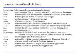 La racine du système de fichiers
La racine de l'arborescence Linux contient ces répertoires :
bin             programmes utilisateur essentiels (nécessaires au démarrage du système)
boot            fichiers nécessaires au chargement de Linux (bootloader, initrd, noyau)
dev             fichiers spéciaux offrant l'accès aux périphériques
etc             configuration du système et des services
home            répertoires principaux des utilisateurs
initrd          répertoire utilisé pour construire l'image disque en RAM du noyau
lib             librairies partagées essentielles (nécessaires au démarrage du système)
mnt             contient des points de montage temporaires (cdrom, floppy, etc.)
opt             applications tierces
proc et sys systèmes de fichiers virtuels permettant d'accéder aux structures
                      internes du noyau (sys est nouveau depuis la version 2.6 de Linux)
root            répertoire principal de l'utilisateur root
sbin            exécutables système essentiels (nécessaires au démarrage du système)
tmp             répertoire pour le stockage de fichiers temporaires
usr             arborescence contenant la plupart des fichiers des applications
var             données vivantes du système et des applications



                          (c) 2004, Sébastien Namèche (sebastien@nameche.fr) - 7
 