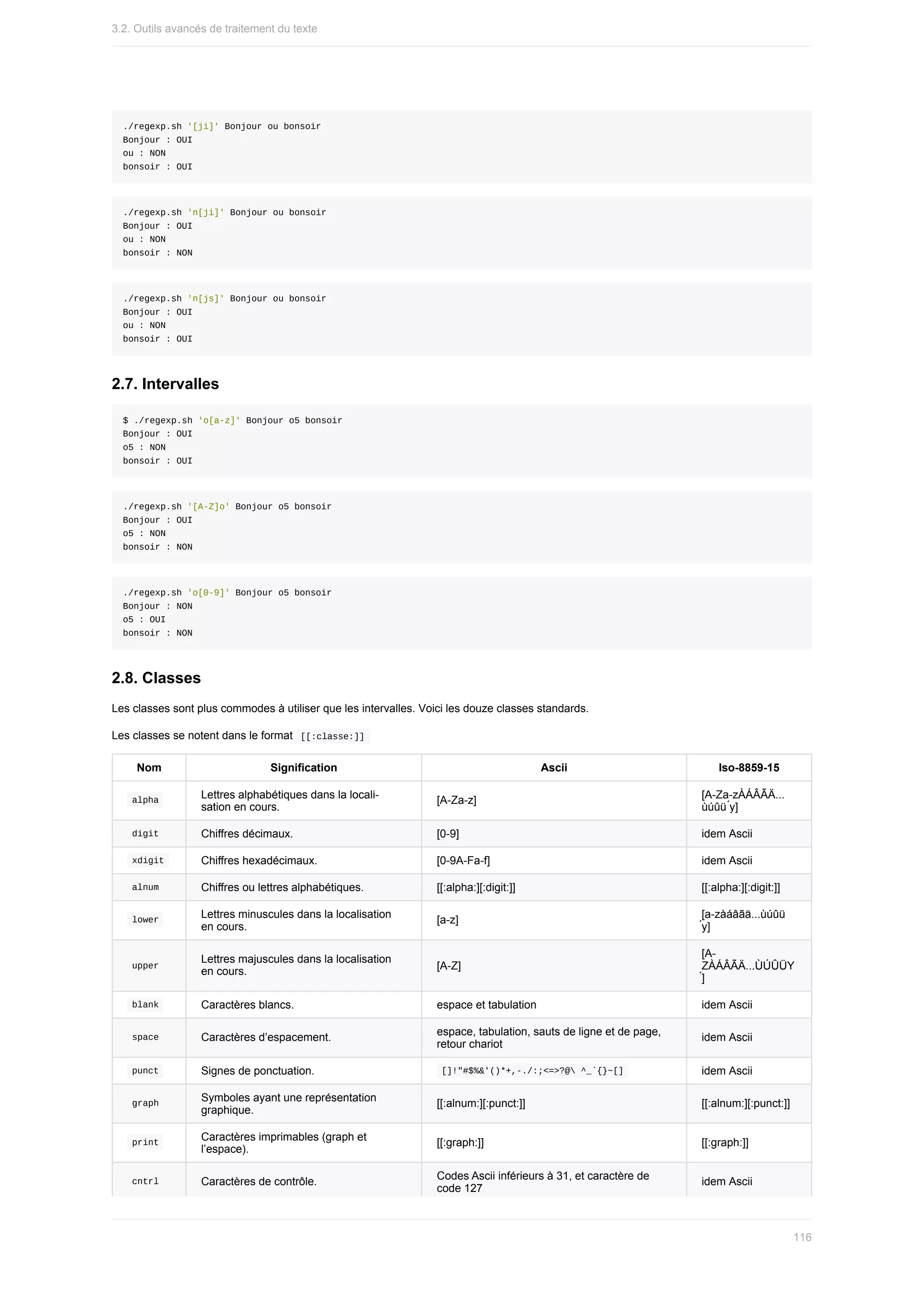 ./regexp.sh	'[ji]'	Bonjour	ou	bonsoir
Bonjour	:	OUI
ou	:	NON
bonsoir	:	OUI
./regexp.sh	'n[ji]'	Bonjour	ou	bonsoir
Bonjour	:	OUI
ou	:	NON
bonsoir	:	NON
./regexp.sh	'n[js]'	Bonjour	ou	bonsoir
Bonjour	:	OUI
ou	:	NON
bonsoir	:	OUI
2.7.	Intervalles
$	./regexp.sh	'o[a-z]'	Bonjour	o5	bonsoir
Bonjour	:	OUI
o5	:	NON
bonsoir	:	OUI
./regexp.sh	'[A-Z]o'	Bonjour	o5	bonsoir
Bonjour	:	OUI
o5	:	NON
bonsoir	:	NON
./regexp.sh	'o[0-9]'	Bonjour	o5	bonsoir
Bonjour	:	NON
o5	:	OUI
bonsoir	:	NON
2.8.	Classes
Les	classes	sont	plus	commodes	à	utiliser	que	les	intervalles.	Voici	les	douze	classes	standards.
Les	classes	se	notent	dans	le	format		
[[:classe:]]	
Nom Signification Ascii Iso-8859-15
	
alpha	
Lettres	alphabétiques	dans	la	locali-
sation	en	cours.
[A-Za-z] [A-Za-zÀÁÂÃÄ...
ùúûü	́y]
	
digit	 Chiffres	décimaux. [0-9] idem	Ascii
	
xdigit	 Chiffres	hexadécimaux. [0-9A-Fa-f] idem	Ascii
	
alnum	 Chiffres	ou	lettres	alphabétiques. [[:alpha:][:digit:]] [[:alpha:][:digit:]]
	
lower	 Lettres	minuscules	dans	la	localisation
en	cours.
[a-z] [a-zàáâãä...ùúûü
́y]
	
upper	
Lettres	majuscules	dans	la	localisation
en	cours.
[A-Z]
[A-
ZÀÁÂÃÄ...ÙÚÛÜY
́]
	
blank	 Caractères	blancs. espace	et	tabulation idem	Ascii
	
space	 Caractères	d’espacement.
espace,	tabulation,	sauts	de	ligne	et	de	page,
retour	chariot
idem	Ascii
	
punct	 Signes	de	ponctuation. 	
[]!"#$%&'()*+,-./:;<=>?@	^_`{}~[]	 idem	Ascii
	
graph	
Symboles	ayant	une	représentation
graphique.
[[:alnum:][:punct:]] [[:alnum:][:punct:]]
	
print	
Caractères	imprimables	(graph	et
l’espace).
[[:graph:]] [[:graph:]]
	
cntrl	 Caractères	de	contrôle.
Codes	Ascii	inférieurs	à	31,	et	caractère	de
code	127
idem	Ascii
3.2.	Outils	avancés	de	traitement	du	texte
116
 