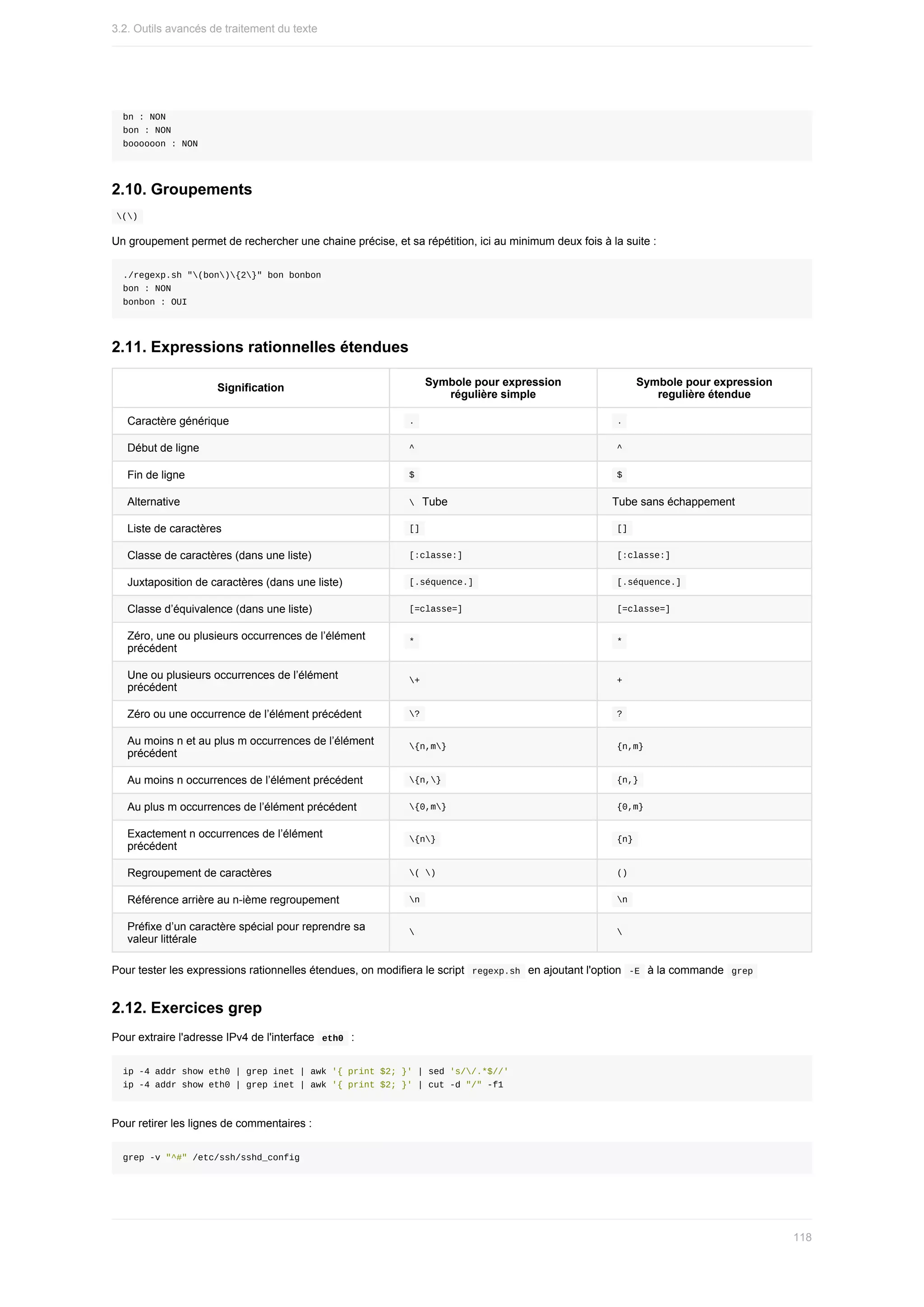 bn	:	NON
bon	:	NON
boooooon	:	NON
2.10.	Groupements
	
()	
Un	groupement	permet	de	rechercher	une	chaine	précise,	et	sa	répétition,	ici	au	minimum	deux	fois	à	la	suite	:
./regexp.sh	"(bon){2}"	bon	bonbon
bon	:	NON
bonbon	:	OUI
2.11.	Expressions	rationnelles	étendues
Signification
Symbole	pour	expression
régulière	simple
Symbole	pour	expression
regulière	étendue
Caractère	générique 	
.	 	
.	
Début	de	ligne 	
^	 	
^	
Fin	de	ligne 	
$	 	
$	
Alternative 	
		Tube Tube	sans	échappement
Liste	de	caractères 	
[]	 	
[]	
Classe	de	caractères	(dans	une	liste) 	
[:classe:]	 	
[:classe:]	
Juxtaposition	de	caractères	(dans	une	liste) 	
[.séquence.]	 	
[.séquence.]	
Classe	d’équivalence	(dans	une	liste) 	
[=classe=]	 	
[=classe=]	
Zéro,	une	ou	plusieurs	occurrences	de	l’élément
précédent
	
*	 	
*	
Une	ou	plusieurs	occurrences	de	l’élément
précédent
	
+	 	
+	
Zéro	ou	une	occurrence	de	l’élément	précédent 	
?	 	
?	
Au	moins	n	et	au	plus	m	occurrences	de	l’élément
précédent
	
{n,m}	 	
{n,m}	
Au	moins	n	occurrences	de	l’élément	précédent 	
{n,}	 	
{n,}	
Au	plus	m	occurrences	de	l’élément	précédent 	
{0,m}	 	
{0,m}	
Exactement	n	occurrences	de	l’élément
précédent
	
{n}	 	
{n}	
Regroupement	de	caractères 	
(	)	 	
()	
Référence	arrière	au	n-ième	regroupement 	
n	 	
n	
Préfixe	d’un	caractère	spécial	pour	reprendre	sa
valeur	littérale
	
	 	
	
Pour	tester	les	expressions	rationnelles	étendues,	on	modifiera	le	script		
regexp.sh		en	ajoutant	l'option		
-E		à	la	commande		grep	
2.12.	Exercices	grep
Pour	extraire	l'adresse	IPv4	de	l'interface		
eth0		:
ip	-4	addr	show	eth0	|	grep	inet	|	awk	'{	print	$2;	}'	|	sed	's//.*$//'
ip	-4	addr	show	eth0	|	grep	inet	|	awk	'{	print	$2;	}'	|	cut	-d	"/"	-f1
Pour	retirer	les	lignes	de	commentaires	:
grep	-v	"^#"	/etc/ssh/sshd_config
3.2.	Outils	avancés	de	traitement	du	texte
118
 