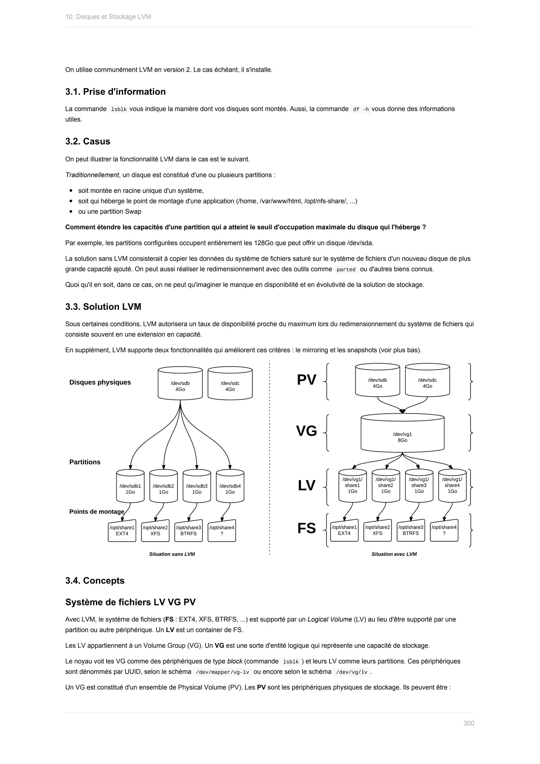 On	utilise	communément	LVM	en	version	2.	Le	cas	échéant,	il	s'installe.
3.1.	Prise	d'information
La	commande		
lsblk	vous	indique	la	manière	dont	vos	disques	sont	montés.	Aussi,	la	commande		
df	-h	vous	donne	des	informations
utiles.
3.2.	Casus
On	peut	illustrer	la	fonctionnalité	LVM	dans	le	cas	est	le	suivant.
Traditionnellement,	un	disque	est	constitué	d'une	ou	plusieurs	partitions	:
soit	montée	en	racine	unique	d'un	système,
soit	qui	héberge	le	point	de	montage	d'une	application	(/home,	/var/www/html,	/opt/nfs-share/,	...)
ou	une	partition	Swap
Comment	étendre	les	capacités	d'une	partition	qui	a	atteint	le	seuil	d'occupation	maximale	du	disque	qui	l'héberge	?
Par	exemple,	les	partitions	configurées	occupent	entièrement	les	128Go	que	peut	offrir	un	disque	/dev/sda.
La	solution	sans	LVM	consisterait	à	copier	les	données	du	système	de	fichiers	saturé	sur	le	système	de	fichiers	d'un	nouveau	disque	de	plus
grande	capacité	ajouté.	On	peut	aussi	réaliser	le	redimensionnement	avec	des	outils	comme		
parted		ou	d'autres	biens	connus.
Quoi	qu'il	en	soit,	dans	ce	cas,	on	ne	peut	qu'imaginer	le	manque	en	disponibilité	et	en	évolutivité	de	la	solution	de	stockage.
3.3.	Solution	LVM
Sous	certaines	conditions,	LVM	autorisera	un	taux	de	disponibilité	proche	du	maximum	lors	du	redimensionnement	du	système	de	fichiers	qui
consiste	souvent	en	une	extension	en	capacité.
En	supplément,	LVM	supporte	deux	fonctionnalités	qui	améliorent	ces	critères	:	le	mirroring	et	les	snapshots	(voir	plus	bas).
3.4.	Concepts
Système	de	fichiers	LV	VG	PV
Avec	LVM,	le	système	de	fichiers	(FS	:	EXT4,	XFS,	BTRFS,	...)	est	supporté	par	un	Logical	Volume	(LV)	au	lieu	d'être	supporté	par	une
partition	ou	autre	périphérique.	Un	LV	est	un	container	de	FS.
Les	LV	appartiennent	à	un	Volume	Group	(VG).	Un	VG	est	une	sorte	d'entité	logique	qui	représente	une	capacité	de	stockage.
Le	noyau	voit	les	VG	comme	des	périphériques	de	type	block	(commande		
lsblk	)	et	leurs	LV	comme	leurs	partitions.	Ces	périphériques
sont	dénommés	par	UUID,	selon	le	schéma		
/dev/mapper/vg-lv		ou	encore	selon	le	schéma		
/dev/vg/lv	.
Un	VG	est	constitué	d'un	ensemble	de	Physical	Volume	(PV).	Les	PV	sont	les	périphériques	physiques	de	stockage.	Ils	peuvent	être	:
10.	Disques	et	Stockage	LVM
300
 