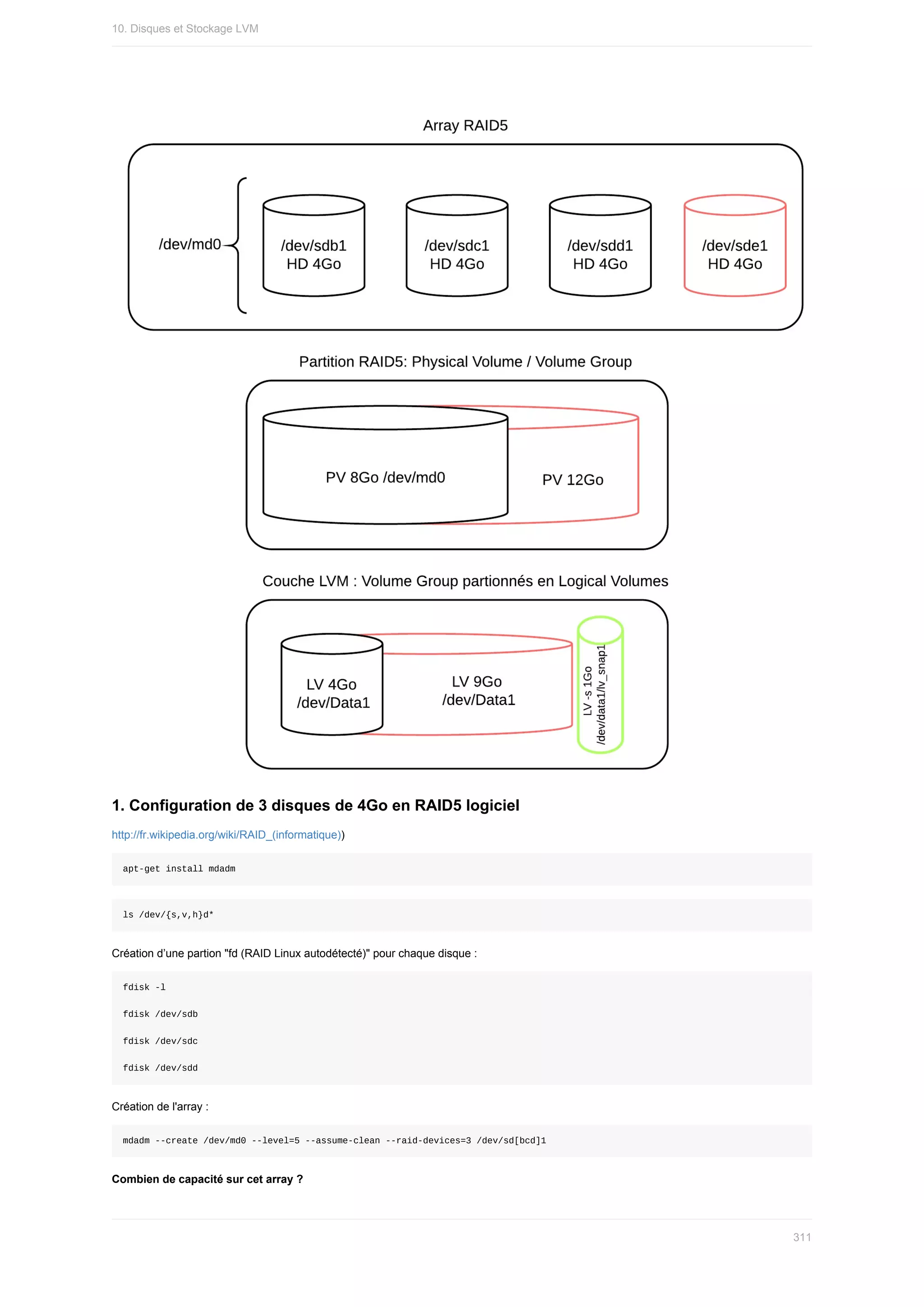 1.	Configuration	de	3	disques	de	4Go	en	RAID5	logiciel
http://fr.wikipedia.org/wiki/RAID_(informatique))
apt-get	install	mdadm
ls	/dev/{s,v,h}d*
Création	d’une	partion	"fd	(RAID	Linux	autodétecté)"	pour	chaque	disque	:
fdisk	-l
fdisk	/dev/sdb
fdisk	/dev/sdc
fdisk	/dev/sdd
Création	de	l'array	:
mdadm	--create	/dev/md0	--level=5	--assume-clean	--raid-devices=3	/dev/sd[bcd]1
Combien	de	capacité	sur	cet	array	?
10.	Disques	et	Stockage	LVM
311
 
