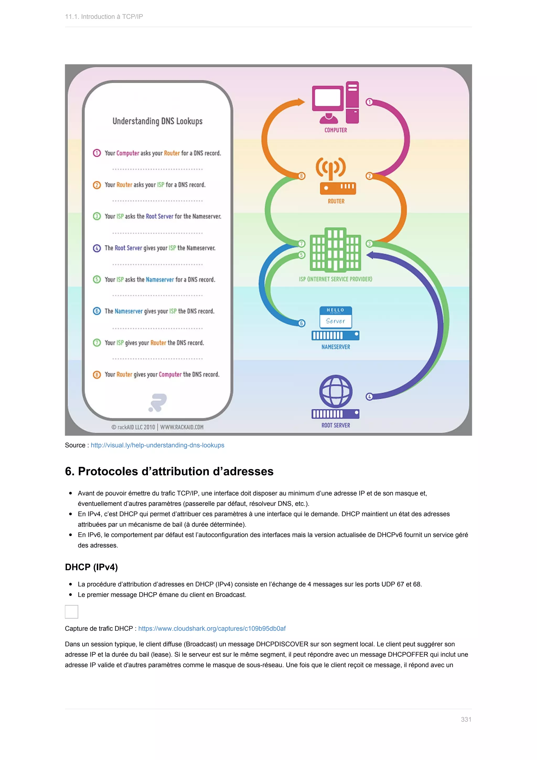 Source	:	http://visual.ly/help-understanding-dns-lookups
6.	Protocoles	d’attribution	d’adresses
Avant	de	pouvoir	émettre	du	trafic	TCP/IP,	une	interface	doit	disposer	au	minimum	d’une	adresse	IP	et	de	son	masque	et,
éventuellement	d’autres	paramètres	(passerelle	par	défaut,	résolveur	DNS,	etc.).
En	IPv4,	c’est	DHCP	qui	permet	d’attribuer	ces	paramètres	à	une	interface	qui	le	demande.	DHCP	maintient	un	état	des	adresses
attribuées	par	un	mécanisme	de	bail	(à	durée	déterminée).
En	IPv6,	le	comportement	par	défaut	est	l’autoconfiguration	des	interfaces	mais	la	version	actualisée	de	DHCPv6	fournit	un	service	géré
des	adresses.
DHCP	(IPv4)
La	procédure	d’attribution	d’adresses	en	DHCP	(IPv4)	consiste	en	l’échange	de	4	messages	sur	les	ports	UDP	67	et	68.
Le	premier	message	DHCP	émane	du	client	en	Broadcast.
Capture	de	trafic	DHCP	:	https://www.cloudshark.org/captures/c109b95db0af
Dans	un	session	typique,	le	client	diffuse	(Broadcast)	un	message	DHCPDISCOVER	sur	son	segment	local.	Le	client	peut	suggérer	son
adresse	IP	et	la	durée	du	bail	(lease).	Si	le	serveur	est	sur	le	même	segment,	il	peut	répondre	avec	un	message	DHCPOFFER	qui	inclut	une
adresse	IP	valide	et	d'autres	paramètres	comme	le	masque	de	sous-réseau.	Une	fois	que	le	client	reçoit	ce	message,	il	répond	avec	un
11.1.	Introduction	à	TCP/IP
331
 