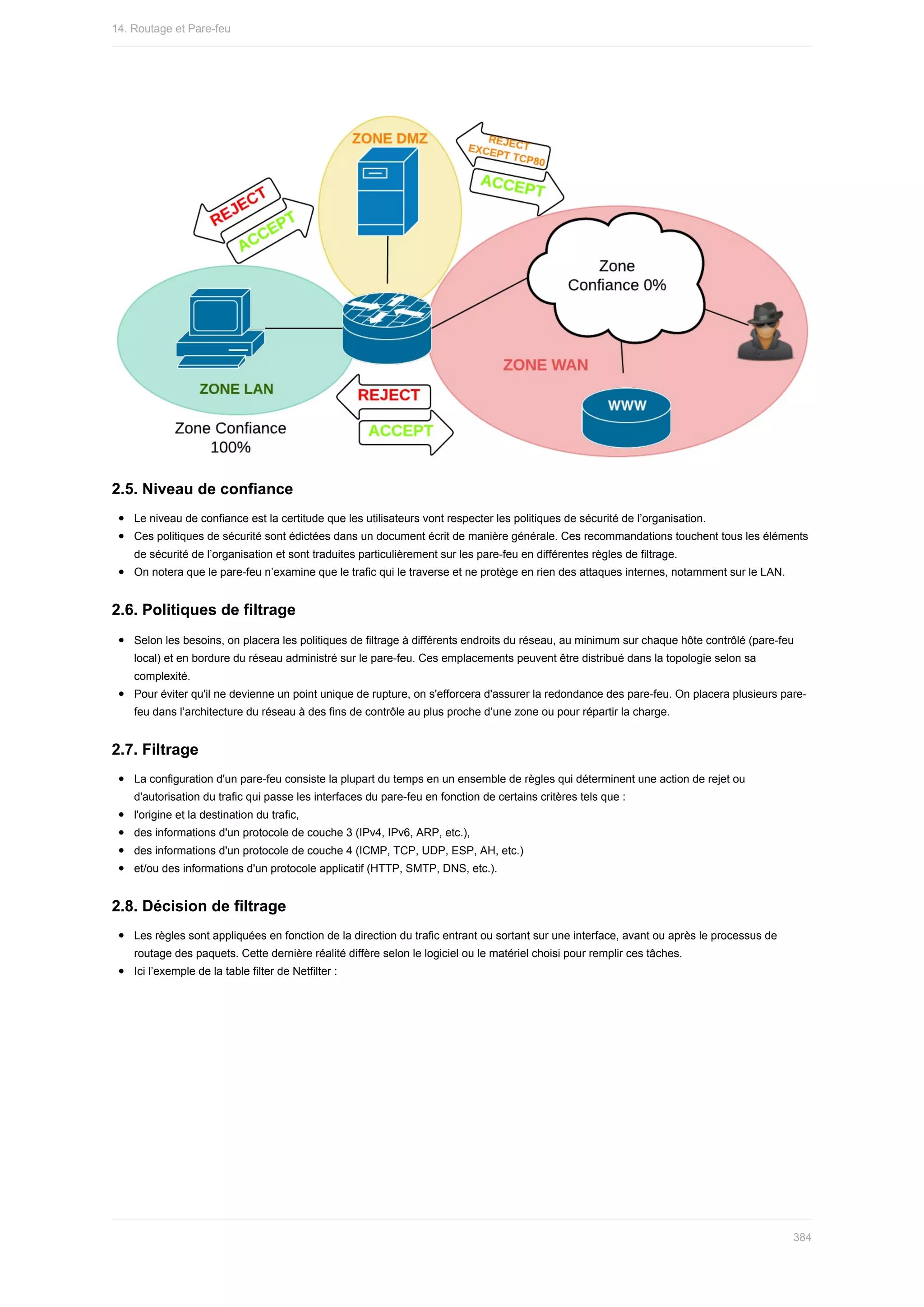 2.5.	Niveau	de	confiance
Le	niveau	de	confiance	est	la	certitude	que	les	utilisateurs	vont	respecter	les	politiques	de	sécurité	de	l’organisation.
Ces	politiques	de	sécurité	sont	édictées	dans	un	document	écrit	de	manière	générale.	Ces	recommandations	touchent	tous	les	éléments
de	sécurité	de	l’organisation	et	sont	traduites	particulièrement	sur	les	pare-feu	en	différentes	règles	de	filtrage.
On	notera	que	le	pare-feu	n’examine	que	le	trafic	qui	le	traverse	et	ne	protège	en	rien	des	attaques	internes,	notamment	sur	le	LAN.
2.6.	Politiques	de	filtrage
Selon	les	besoins,	on	placera	les	politiques	de	filtrage	à	différents	endroits	du	réseau,	au	minimum	sur	chaque	hôte	contrôlé	(pare-feu
local)	et	en	bordure	du	réseau	administré	sur	le	pare-feu.	Ces	emplacements	peuvent	être	distribué	dans	la	topologie	selon	sa
complexité.
Pour	éviter	qu'il	ne	devienne	un	point	unique	de	rupture,	on	s'efforcera	d'assurer	la	redondance	des	pare-feu.	On	placera	plusieurs	pare-
feu	dans	l’architecture	du	réseau	à	des	fins	de	contrôle	au	plus	proche	d’une	zone	ou	pour	répartir	la	charge.
2.7.	Filtrage
La	configuration	d'un	pare-feu	consiste	la	plupart	du	temps	en	un	ensemble	de	règles	qui	déterminent	une	action	de	rejet	ou
d'autorisation	du	trafic	qui	passe	les	interfaces	du	pare-feu	en	fonction	de	certains	critères	tels	que	:
l'origine	et	la	destination	du	trafic,
des	informations	d'un	protocole	de	couche	3	(IPv4,	IPv6,	ARP,	etc.),
des	informations	d'un	protocole	de	couche	4	(ICMP,	TCP,	UDP,	ESP,	AH,	etc.)
et/ou	des	informations	d'un	protocole	applicatif	(HTTP,	SMTP,	DNS,	etc.).
2.8.	Décision	de	filtrage
Les	règles	sont	appliquées	en	fonction	de	la	direction	du	trafic	entrant	ou	sortant	sur	une	interface,	avant	ou	après	le	processus	de
routage	des	paquets.	Cette	dernière	réalité	diffère	selon	le	logiciel	ou	le	matériel	choisi	pour	remplir	ces	tâches.
Ici	l’exemple	de	la	table	filter	de	Netfilter	:
14.	Routage	et	Pare-feu
384
 