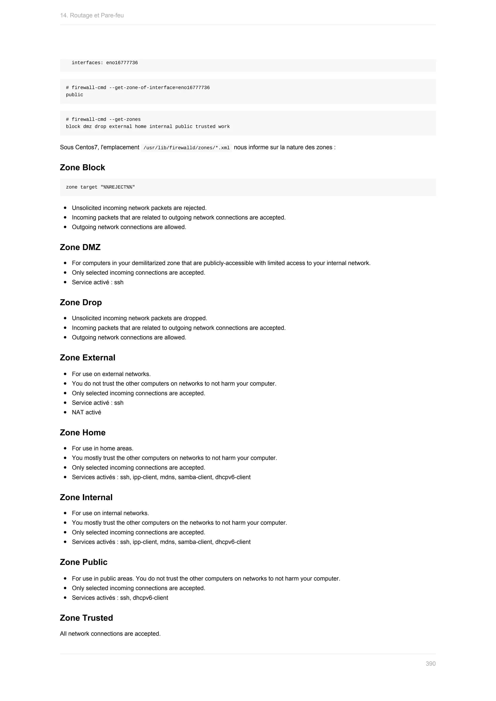 interfaces:	eno16777736
#	firewall-cmd	--get-zone-of-interface=eno16777736
public
#	firewall-cmd	--get-zones
block	dmz	drop	external	home	internal	public	trusted	work
Sous	Centos7,	l'emplacement		
/usr/lib/firewalld/zones/*.xml		nous	informe	sur	la	nature	des	zones	:
Zone	Block
zone	target	"%%REJECT%%"
Unsolicited	incoming	network	packets	are	rejected.
Incoming	packets	that	are	related	to	outgoing	network	connections	are	accepted.
Outgoing	network	connections	are	allowed.
Zone	DMZ
For	computers	in	your	demilitarized	zone	that	are	publicly-accessible	with	limited	access	to	your	internal	network.
Only	selected	incoming	connections	are	accepted.
Service	activé	:	ssh
Zone	Drop
Unsolicited	incoming	network	packets	are	dropped.
Incoming	packets	that	are	related	to	outgoing	network	connections	are	accepted.
Outgoing	network	connections	are	allowed.
Zone	External
For	use	on	external	networks.
You	do	not	trust	the	other	computers	on	networks	to	not	harm	your	computer.
Only	selected	incoming	connections	are	accepted.
Service	activé	:	ssh
NAT	activé
Zone	Home
For	use	in	home	areas.
You	mostly	trust	the	other	computers	on	networks	to	not	harm	your	computer.
Only	selected	incoming	connections	are	accepted.
Services	activés	:	ssh,	ipp-client,	mdns,	samba-client,	dhcpv6-client
Zone	Internal
For	use	on	internal	networks.
You	mostly	trust	the	other	computers	on	the	networks	to	not	harm	your	computer.
Only	selected	incoming	connections	are	accepted.
Services	activés	:	ssh,	ipp-client,	mdns,	samba-client,	dhcpv6-client
Zone	Public
For	use	in	public	areas.	You	do	not	trust	the	other	computers	on	networks	to	not	harm	your	computer.
Only	selected	incoming	connections	are	accepted.
Services	activés	:	ssh,	dhcpv6-client
Zone	Trusted
All	network	connections	are	accepted.
14.	Routage	et	Pare-feu
390
 