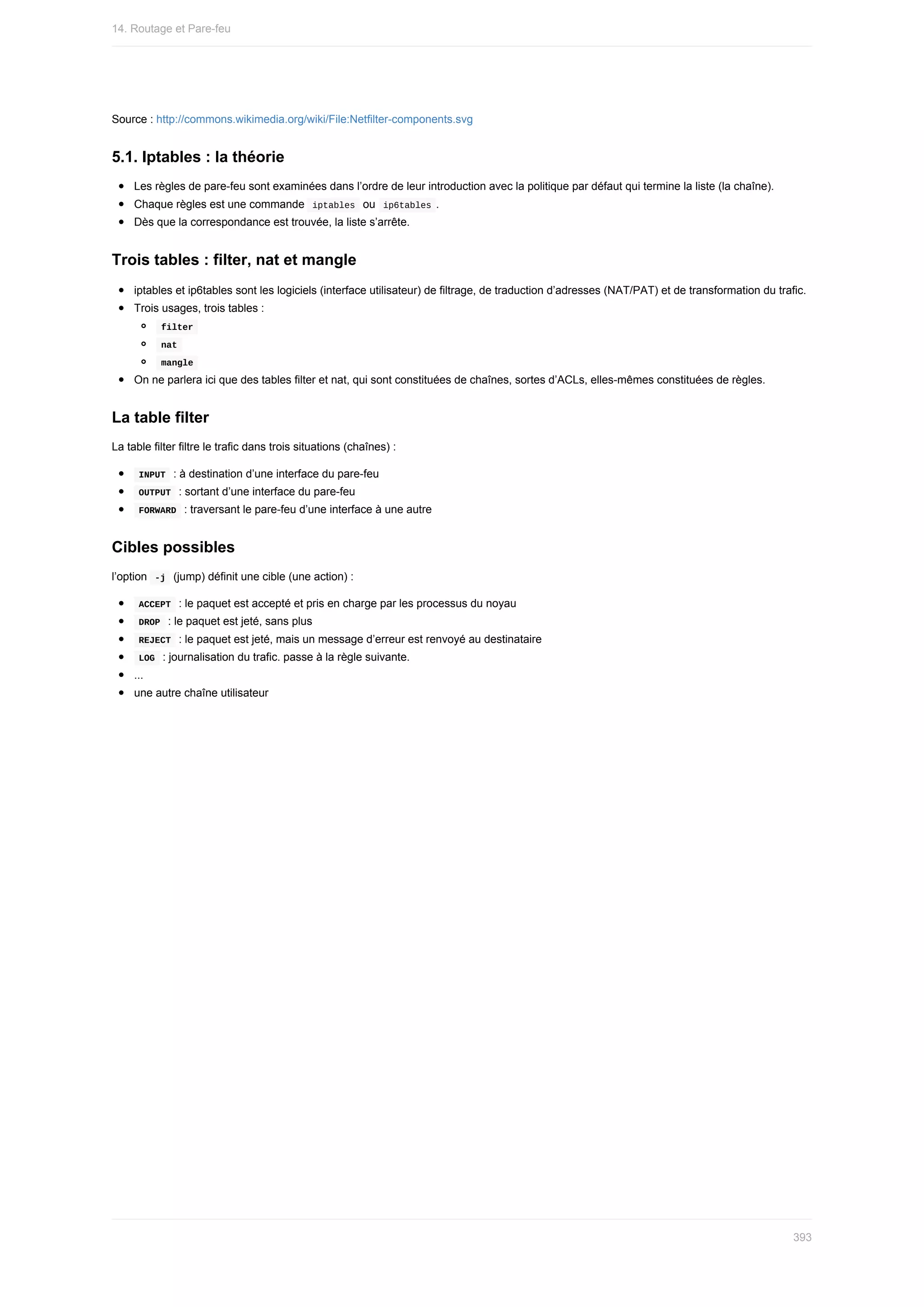 Source	:	http://commons.wikimedia.org/wiki/File:Netfilter-components.svg
5.1.	Iptables	:	la	théorie
Les	règles	de	pare-feu	sont	examinées	dans	l’ordre	de	leur	introduction	avec	la	politique	par	défaut	qui	termine	la	liste	(la	chaîne).
Chaque	règles	est	une	commande		
iptables		ou		
ip6tables	.
Dès	que	la	correspondance	est	trouvée,	la	liste	s’arrête.
Trois	tables	:	filter,	nat	et	mangle
iptables	et	ip6tables	sont	les	logiciels	(interface	utilisateur)	de	filtrage,	de	traduction	d’adresses	(NAT/PAT)	et	de	transformation	du	trafic.
Trois	usages,	trois	tables	:
	
filter	
	
nat	
	
mangle	
On	ne	parlera	ici	que	des	tables	filter	et	nat,	qui	sont	constituées	de	chaînes,	sortes	d’ACLs,	elles-mêmes	constituées	de	règles.
La	table	filter
La	table	filter	filtre	le	trafic	dans	trois	situations	(chaînes)	:
	
INPUT		:	à	destination	d’une	interface	du	pare-feu
	
OUTPUT		:	sortant	d’une	interface	du	pare-feu
	
FORWARD		:	traversant	le	pare-feu	d’une	interface	à	une	autre
Cibles	possibles
l’option		
-j		(jump)	définit	une	cible	(une	action)	:
	
ACCEPT		:	le	paquet	est	accepté	et	pris	en	charge	par	les	processus	du	noyau
	
DROP		:	le	paquet	est	jeté,	sans	plus
	
REJECT		:	le	paquet	est	jeté,	mais	un	message	d’erreur	est	renvoyé	au	destinataire
	
LOG		:	journalisation	du	trafic.	passe	à	la	règle	suivante.
...
une	autre	chaîne	utilisateur
14.	Routage	et	Pare-feu
393
 