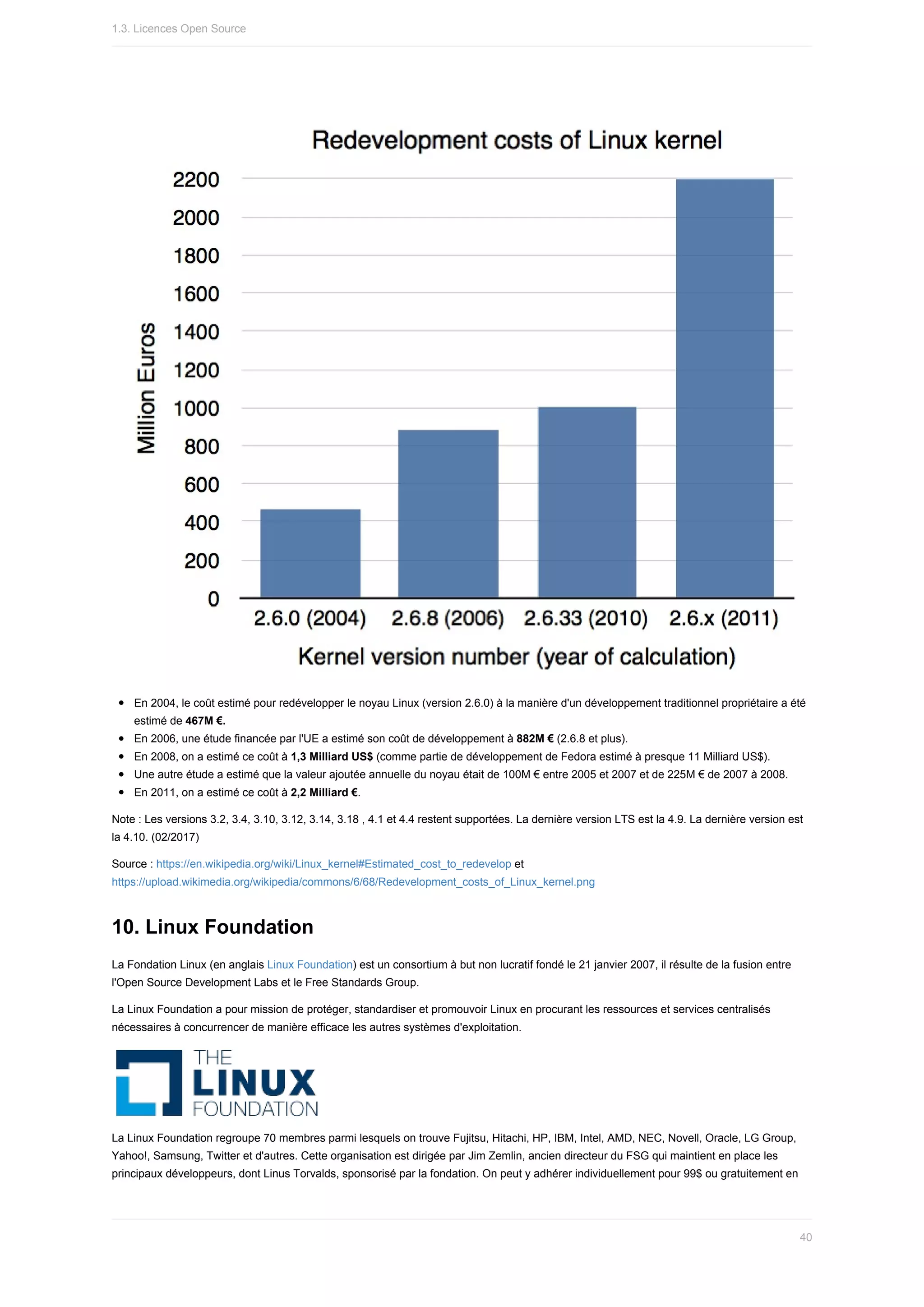 En	2004,	le	coût	estimé	pour	redévelopper	le	noyau	Linux	(version	2.6.0)	à	la	manière	d'un	développement	traditionnel	propriétaire	a	été
estimé	de	467M	€.
En	2006,	une	étude	financée	par	l'UE	a	estimé	son	coût	de	développement	à	882M	€	(2.6.8	et	plus).
En	2008,	on	a	estimé	ce	coût	à	1,3	Milliard	US$	(comme	partie	de	développement	de	Fedora	estimé	à	presque	11	Milliard	US$).
Une	autre	étude	a	estimé	que	la	valeur	ajoutée	annuelle	du	noyau	était	de	100M	€	entre	2005	et	2007	et	de	225M	€	de	2007	à	2008.
En	2011,	on	a	estimé	ce	coût	à	2,2	Milliard	€.
Note	:	Les	versions	3.2,	3.4,	3.10,	3.12,	3.14,	3.18	,	4.1	et	4.4	restent	supportées.	La	dernière	version	LTS	est	la	4.9.	La	dernière	version	est
la	4.10.	(02/2017)
Source	:	https://en.wikipedia.org/wiki/Linux_kernel#Estimated_cost_to_redevelop	et
https://upload.wikimedia.org/wikipedia/commons/6/68/Redevelopment_costs_of_Linux_kernel.png
10.	Linux	Foundation
La	Fondation	Linux	(en	anglais	Linux	Foundation)	est	un	consortium	à	but	non	lucratif	fondé	le	21	janvier	2007,	il	résulte	de	la	fusion	entre
l'Open	Source	Development	Labs	et	le	Free	Standards	Group.
La	Linux	Foundation	a	pour	mission	de	protéger,	standardiser	et	promouvoir	Linux	en	procurant	les	ressources	et	services	centralisés
nécessaires	à	concurrencer	de	manière	efficace	les	autres	systèmes	d'exploitation.
La	Linux	Foundation	regroupe	70	membres	parmi	lesquels	on	trouve	Fujitsu,	Hitachi,	HP,	IBM,	Intel,	AMD,	NEC,	Novell,	Oracle,	LG	Group,
Yahoo!,	Samsung,	Twitter	et	d'autres.	Cette	organisation	est	dirigée	par	Jim	Zemlin,	ancien	directeur	du	FSG	qui	maintient	en	place	les
principaux	développeurs,	dont	Linus	Torvalds,	sponsorisé	par	la	fondation.	On	peut	y	adhérer	individuellement	pour	99$	ou	gratuitement	en
1.3.	Licences	Open	Source
40
 