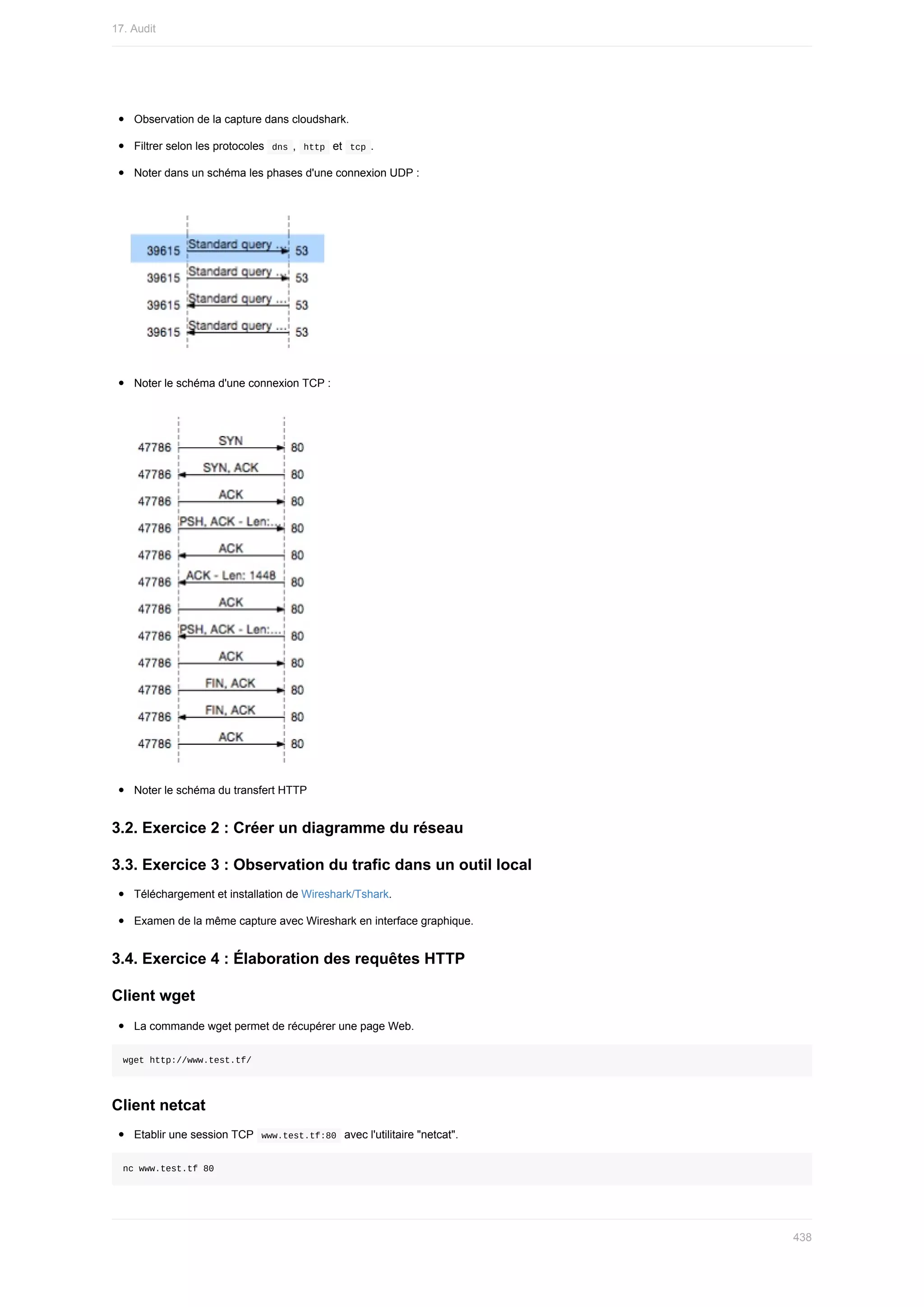Observation	de	la	capture	dans	cloudshark.
Filtrer	selon	les	protocoles		
dns	,		
http		et		tcp	.
Noter	dans	un	schéma	les	phases	d'une	connexion	UDP	:
Noter	le	schéma	d'une	connexion	TCP	:
Noter	le	schéma	du	transfert	HTTP
3.2.	Exercice	2	:	Créer	un	diagramme	du	réseau
3.3.	Exercice	3	:	Observation	du	trafic	dans	un	outil	local
Téléchargement	et	installation	de	Wireshark/Tshark.
Examen	de	la	même	capture	avec	Wireshark	en	interface	graphique.
3.4.	Exercice	4	:	Élaboration	des	requêtes	HTTP
Client	wget
La	commande	wget	permet	de	récupérer	une	page	Web.
wget	http://www.test.tf/
Client	netcat
Etablir	une	session	TCP		
www.test.tf:80		avec	l'utilitaire	"netcat".
nc	www.test.tf	80
17.	Audit
438
 