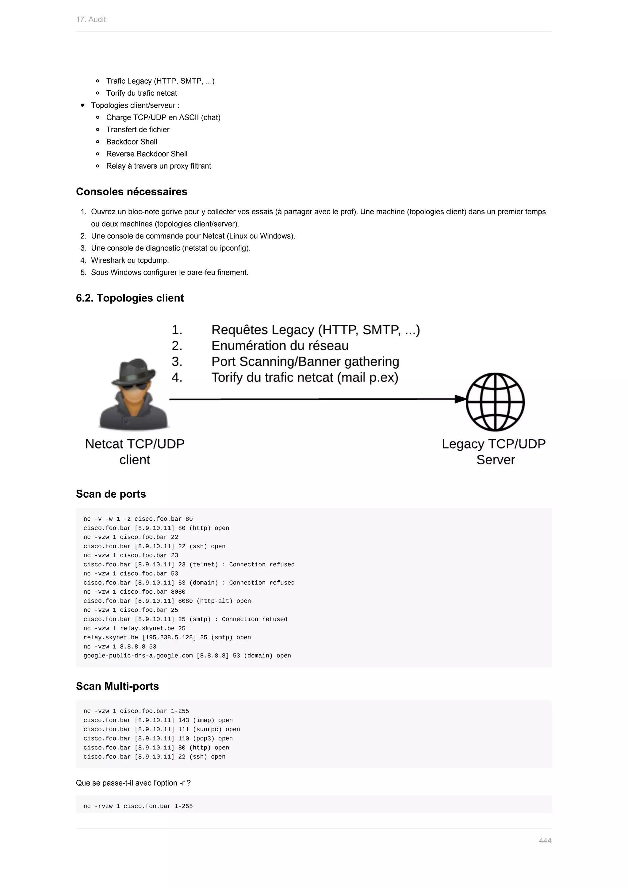 Trafic	Legacy	(HTTP,	SMTP,	...)
Torify	du	trafic	netcat
Topologies	client/serveur	:
Charge	TCP/UDP	en	ASCII	(chat)
Transfert	de	fichier
Backdoor	Shell
Reverse	Backdoor	Shell
Relay	à	travers	un	proxy	filtrant
Consoles	nécessaires
1.	 Ouvrez	un	bloc-note	gdrive	pour	y	collecter	vos	essais	(à	partager	avec	le	prof).	Une	machine	(topologies	client)	dans	un	premier	temps
ou	deux	machines	(topologies	client/server).
2.	 Une	console	de	commande	pour	Netcat	(Linux	ou	Windows).
3.	 Une	console	de	diagnostic	(netstat	ou	ipconfig).
4.	 Wireshark	ou	tcpdump.
5.	 Sous	Windows	configurer	le	pare-feu	finement.
6.2.	Topologies	client
Scan	de	ports
nc	-v	-w	1	-z	cisco.foo.bar	80
cisco.foo.bar	[8.9.10.11]	80	(http)	open
nc	-vzw	1	cisco.foo.bar	22
cisco.foo.bar	[8.9.10.11]	22	(ssh)	open
nc	-vzw	1	cisco.foo.bar	23
cisco.foo.bar	[8.9.10.11]	23	(telnet)	:	Connection	refused
nc	-vzw	1	cisco.foo.bar	53
cisco.foo.bar	[8.9.10.11]	53	(domain)	:	Connection	refused
nc	-vzw	1	cisco.foo.bar	8080
cisco.foo.bar	[8.9.10.11]	8080	(http-alt)	open
nc	-vzw	1	cisco.foo.bar	25
cisco.foo.bar	[8.9.10.11]	25	(smtp)	:	Connection	refused
nc	-vzw	1	relay.skynet.be	25
relay.skynet.be	[195.238.5.128]	25	(smtp)	open
nc	-vzw	1	8.8.8.8	53
google-public-dns-a.google.com	[8.8.8.8]	53	(domain)	open
Scan	Multi-ports
nc	-vzw	1	cisco.foo.bar	1-255
cisco.foo.bar	[8.9.10.11]	143	(imap)	open
cisco.foo.bar	[8.9.10.11]	111	(sunrpc)	open
cisco.foo.bar	[8.9.10.11]	110	(pop3)	open
cisco.foo.bar	[8.9.10.11]	80	(http)	open
cisco.foo.bar	[8.9.10.11]	22	(ssh)	open
Que	se	passe-t-il	avec	l’option	-r	?
nc	-rvzw	1	cisco.foo.bar	1-255
17.	Audit
444
 