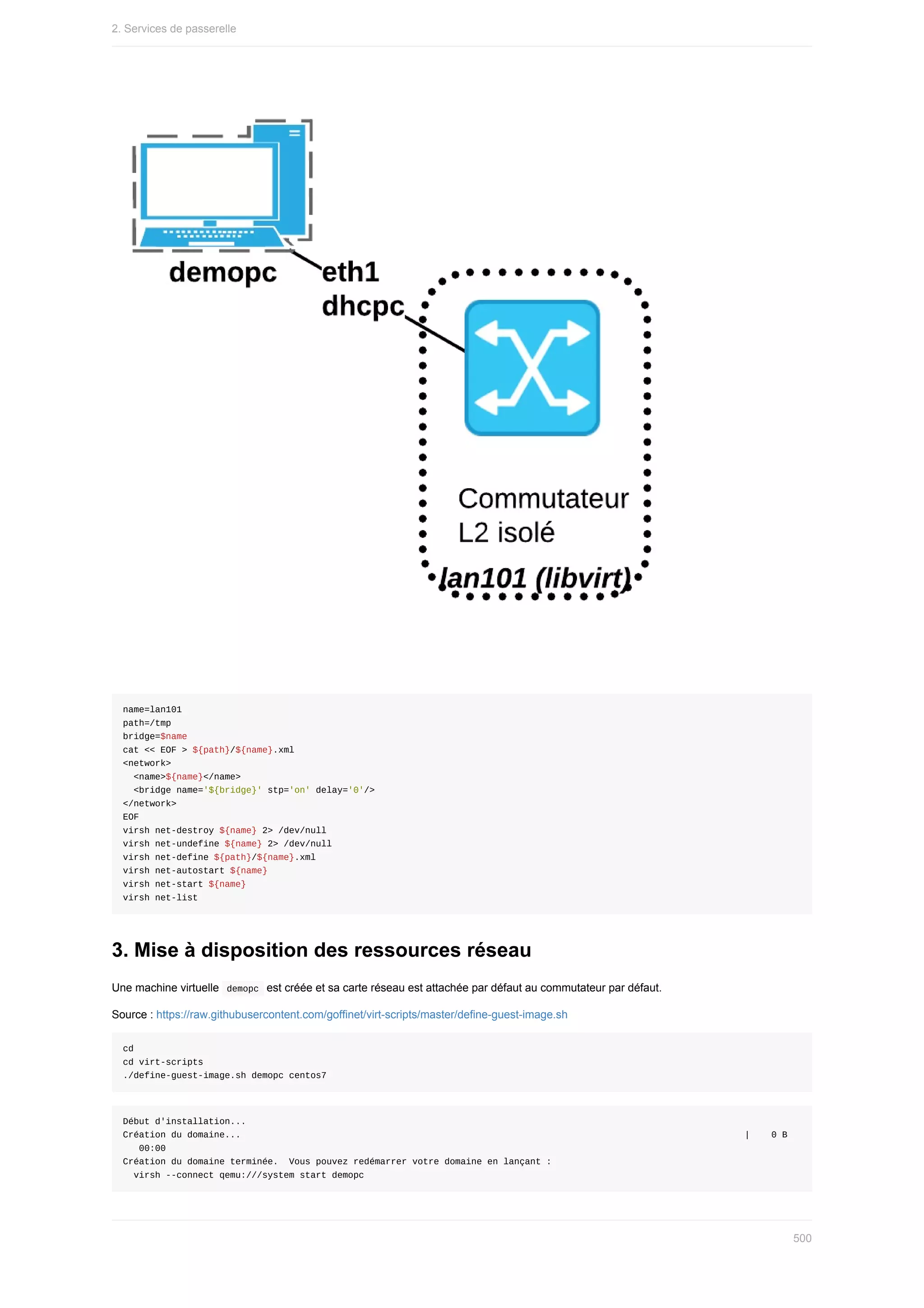 name=lan101
path=/tmp
bridge=$name
cat	<<	EOF	>	${path}/${name}.xml
<network>
		<name>${name}</name>
		<bridge	name='${bridge}'	stp='on'	delay='0'/>
</network>
EOF
virsh	net-destroy	${name}	2>	/dev/null
virsh	net-undefine	${name}	2>	/dev/null
virsh	net-define	${path}/${name}.xml
virsh	net-autostart	${name}
virsh	net-start	${name}
virsh	net-list
3.	Mise	à	disposition	des	ressources	réseau
Une	machine	virtuelle		
demopc		est	créée	et	sa	carte	réseau	est	attachée	par	défaut	au	commutateur	par	défaut.
Source	:	https://raw.githubusercontent.com/goffinet/virt-scripts/master/define-guest-image.sh
cd
cd	virt-scripts
./define-guest-image.sh	demopc	centos7
Début	d'installation...
Création	du	domaine...																																																																																														|				0	B		
			00:00
Création	du	domaine	terminée.		Vous	pouvez	redémarrer	votre	domaine	en	lançant	:
		virsh	--connect	qemu:///system	start	demopc
2.	Services	de	passerelle
500
 