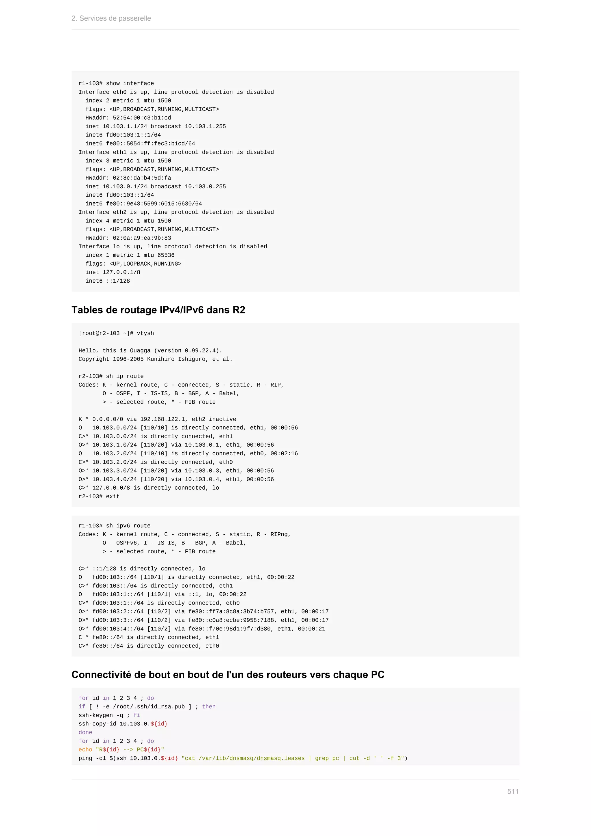 r1-103#	show	interface
Interface	eth0	is	up,	line	protocol	detection	is	disabled
		index	2	metric	1	mtu	1500
		flags:	<UP,BROADCAST,RUNNING,MULTICAST>
		HWaddr:	52:54:00:c3:b1:cd
		inet	10.103.1.1/24	broadcast	10.103.1.255
		inet6	fd00:103:1::1/64
		inet6	fe80::5054:ff:fec3:b1cd/64
Interface	eth1	is	up,	line	protocol	detection	is	disabled
		index	3	metric	1	mtu	1500
		flags:	<UP,BROADCAST,RUNNING,MULTICAST>
		HWaddr:	02:8c:da:b4:5d:fa
		inet	10.103.0.1/24	broadcast	10.103.0.255
		inet6	fd00:103::1/64
		inet6	fe80::9e43:5599:6015:6630/64
Interface	eth2	is	up,	line	protocol	detection	is	disabled
		index	4	metric	1	mtu	1500
		flags:	<UP,BROADCAST,RUNNING,MULTICAST>
		HWaddr:	02:0a:a9:ea:9b:83
Interface	lo	is	up,	line	protocol	detection	is	disabled
		index	1	metric	1	mtu	65536
		flags:	<UP,LOOPBACK,RUNNING>
		inet	127.0.0.1/8
		inet6	::1/128
Tables	de	routage	IPv4/IPv6	dans	R2
[root@r2-103	~]#	vtysh
Hello,	this	is	Quagga	(version	0.99.22.4).
Copyright	1996-2005	Kunihiro	Ishiguro,	et	al.
r2-103#	sh	ip	route
Codes:	K	-	kernel	route,	C	-	connected,	S	-	static,	R	-	RIP,
							O	-	OSPF,	I	-	IS-IS,	B	-	BGP,	A	-	Babel,
							>	-	selected	route,	*	-	FIB	route
K	*	0.0.0.0/0	via	192.168.122.1,	eth2	inactive
O			10.103.0.0/24	[110/10]	is	directly	connected,	eth1,	00:00:56
C>*	10.103.0.0/24	is	directly	connected,	eth1
O>*	10.103.1.0/24	[110/20]	via	10.103.0.1,	eth1,	00:00:56
O			10.103.2.0/24	[110/10]	is	directly	connected,	eth0,	00:02:16
C>*	10.103.2.0/24	is	directly	connected,	eth0
O>*	10.103.3.0/24	[110/20]	via	10.103.0.3,	eth1,	00:00:56
O>*	10.103.4.0/24	[110/20]	via	10.103.0.4,	eth1,	00:00:56
C>*	127.0.0.0/8	is	directly	connected,	lo
r2-103#	exit
r1-103#	sh	ipv6	route
Codes:	K	-	kernel	route,	C	-	connected,	S	-	static,	R	-	RIPng,
							O	-	OSPFv6,	I	-	IS-IS,	B	-	BGP,	A	-	Babel,
							>	-	selected	route,	*	-	FIB	route
C>*	::1/128	is	directly	connected,	lo
O			fd00:103::/64	[110/1]	is	directly	connected,	eth1,	00:00:22
C>*	fd00:103::/64	is	directly	connected,	eth1
O			fd00:103:1::/64	[110/1]	via	::1,	lo,	00:00:22
C>*	fd00:103:1::/64	is	directly	connected,	eth0
O>*	fd00:103:2::/64	[110/2]	via	fe80::ff7a:8c8a:3b74:b757,	eth1,	00:00:17
O>*	fd00:103:3::/64	[110/2]	via	fe80::c0a8:ecbe:9958:7188,	eth1,	00:00:17
O>*	fd00:103:4::/64	[110/2]	via	fe80::f70e:98d1:9f7:d380,	eth1,	00:00:21
C	*	fe80::/64	is	directly	connected,	eth1
C>*	fe80::/64	is	directly	connected,	eth0
Connectivité	de	bout	en	bout	de	l'un	des	routeurs	vers	chaque	PC
for	id	in	1	2	3	4	;	do
if	[	!	-e	/root/.ssh/id_rsa.pub	]	;	then
ssh-keygen	-q	;	fi
ssh-copy-id	10.103.0.${id}
done
for	id	in	1	2	3	4	;	do
echo	"R${id}	-->	PC${id}"
ping	-c1	$(ssh	10.103.0.${id}	"cat	/var/lib/dnsmasq/dnsmasq.leases	|	grep	pc	|	cut	-d	'	'	-f	3")
2.	Services	de	passerelle
511
 