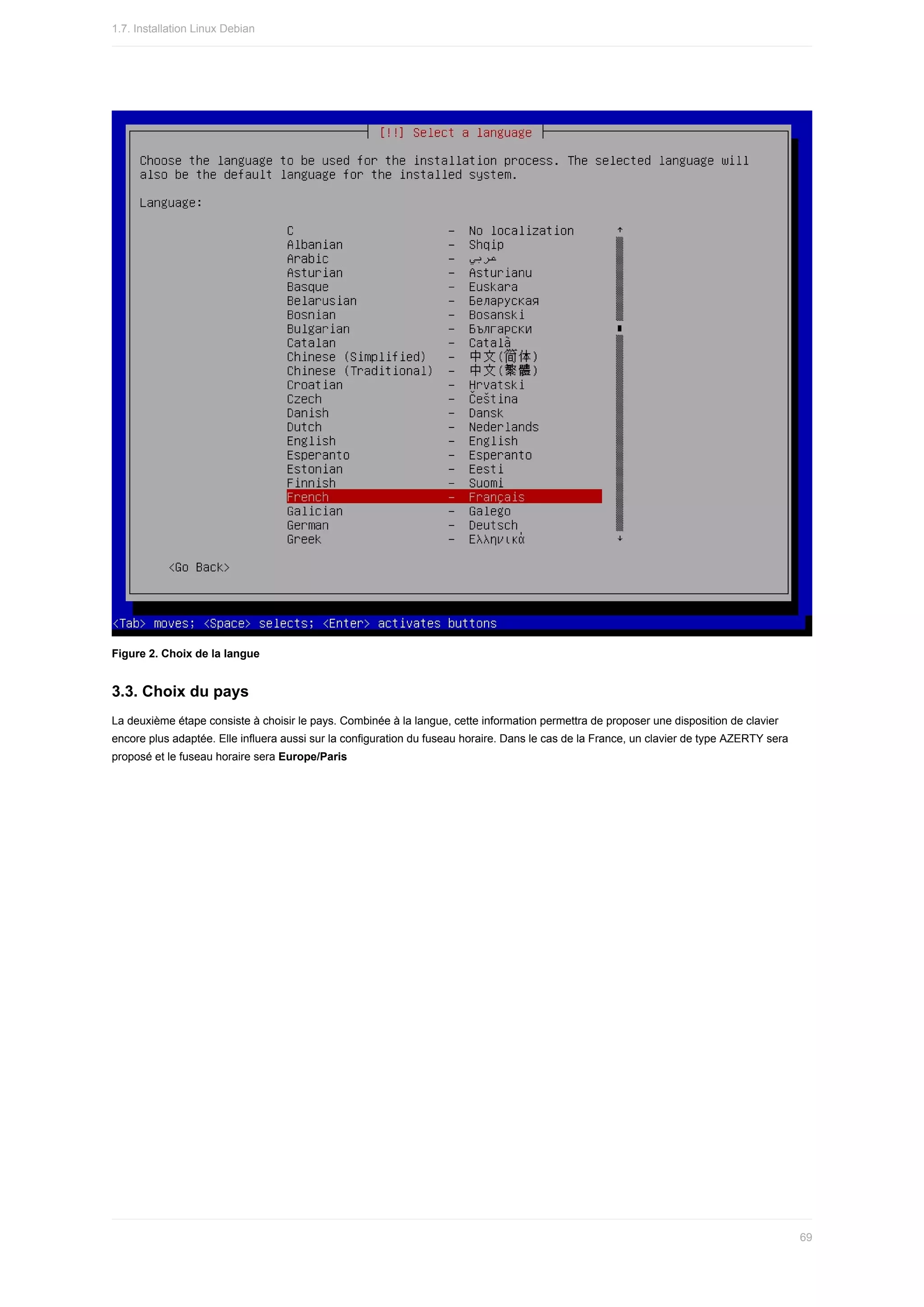 Figure	2.	Choix	de	la	langue
3.3.	Choix	du	pays
La	deuxième	étape	consiste	à	choisir	le	pays.	Combinée	à	la	langue,	cette	information	permettra	de	proposer	une	disposition	de	clavier
encore	plus	adaptée.	Elle	influera	aussi	sur	la	configuration	du	fuseau	horaire.	Dans	le	cas	de	la	France,	un	clavier	de	type	AZERTY	sera
proposé	et	le	fuseau	horaire	sera	Europe/Paris
1.7.	Installation	Linux	Debian
69
 