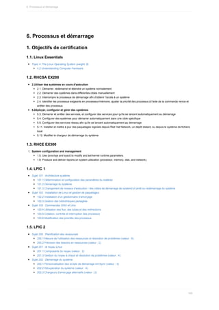 6.	Processus	et	démarrage
1.	Objectifs	de	certification
1.1.	Linux	Essentials
Topic	4:	The	Linux	Operating	System	(weight:	8)
4.2	Understanding	Computer	Hardware
1.2.	RHCSA	EX200
2.Utiliser	des	systèmes	en	cours	d'exécution
2.1.	Démarrer,	redémarrer	et	éteindre	un	système	normalement
2.2.	Démarrer	des	systèmes	dans	différentes	cibles	manuellement
2.3.	Interrompre	le	processus	de	démarrage	afin	d'obtenir	l'accès	à	un	système
2.4.	Identifier	les	processus	exigeants	en	processeur/mémoire,	ajuster	la	priorité	des	processus	à	l'aide	de	la	commande	renice	et
arrêter	des	processus
5.Déployer,	configurer	et	gérer	des	systèmes
5.3.	Démarrer	et	arrêter	des	services,	et	configurer	des	services	pour	qu'ils	se	lancent	automatiquement	au	démarrage
5.4.	Configurer	des	systèmes	pour	démarrer	automatiquement	dans	une	cible	spécifique
5.9.	Configurer	des	services	réseau	afin	qu'ils	se	lancent	automatiquement	au	démarrage
5.11.	Installer	et	mettre	à	jour	des	paquetages	logiciels	depuis	Red	Hat	Network,	un	dépôt	distant,	ou	depuis	le	système	de	fichiers
local
5.13.	Modifier	le	chargeur	de	démarrage	du	système
1.3.	RHCE	EX300
1.	 System	configuration	and	management
1.5.	Use	/proc/sys	and	sysctl	to	modify	and	set	kernel	runtime	parameters.
1.8.	Produce	and	deliver	reports	on	system	utilization	(processor,	memory,	disk,	and	network).
1.4.	LPIC	1
Sujet	101	:	Architecture	système
101.1	Détermination	et	configuration	des	paramètres	du	matériel
101.2	Démarrage	du	système
101.3	Changement	de	niveaux	d'exécution	/	des	cibles	de	démarrage	de	systemd	et	arrêt	ou	redémarrage	du	système
Sujet	102	:	Installation	de	Linux	et	gestion	de	paquetages
102.2	Installation	d'un	gestionnaire	d'amorçage
102.3	Gestion	des	bibliothèques	partagées
Sujet	103	:	Commandes	GNU	et	Unix
103.4	Utilisation	des	flux,	des	tubes	et	des	redirections
103.5	Création,	contrôle	et	interruption	des	processus
103.6	Modification	des	priorités	des	processus
1.5.	LPIC	2
Sujet	200	:	Planification	des	ressources
200.1	Mesure	de	l'utilisation	des	ressources	et	résolution	de	problèmes	(valeur	:	6)
200.2	Prévision	des	besoins	en	ressources	(valeur	:	2)
Sujet	201	:	le	noyau	Linux
201.1	Composants	du	noyau	(valeur	:	2)
201.3	Gestion	du	noyau	à	chaud	et	résolution	de	problèmes	(valeur	:	4)
Sujet	202	:	Démarrage	du	système
202.1	Personnalisation	des	scripts	de	démarrage	init	SysV	(valeur	:	3)
202.2	Récupération	du	système	(valeur	:	4)
202.3	Chargeurs	d'amorçage	alternatifs	(valeur	:	2)
6.	Processus	et	démarrage
169
 