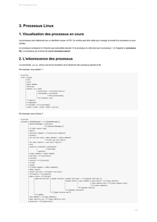 3.	Processus	Linux
1.	Visualisation	des	processus	en	cours
Les	processus	sont	référencés	par	un	identifiant	unique,	le	PID.	Ce	nombre	peut	être	utilisé	pour	changer	la	priorité	d'un	processus	ou	pour
l'arrêter.
Un	processus	correspond	à	n'importe	quel	exécutable	exécuté.	Si	le	processus	2	a	été	lancé	par	le	processus	1,	on	l'appelle	un	processus
fils.	Le	processus	qui	l'a	lancé	est	appelé	processus	parent.
2.	L'arborescence	des	processus
La	commande		
pstree		donne	une	bonne	illustration	de	la	hiérarchie	des	processus	parents	et	fils.
Par	exemple,	sous	debian	7	:
$	pstree
init─┬─acpid
					├─atd
					├─cron
					├─dbus-daemon
					├─dhclient
					├─docker.io─┬─bash
					│											├─controller───9*[{controller}]
					│											├─rethinkdb─┬─rethinkdb
					│											│											└─69*[{rethinkdb}]
					│											└─12*[{docker.io}]
					├─7*[getty]
					├─irqbalance
					├─rsyslogd───3*[{rsyslogd}]
					├─sshd───sshd───sshd───bash───pstree
Par	exemple,	sous	Centos	7	:
$	pstree
systemd─┬─ModemManager───2*[{ModemManager}]
								├─NetworkManager─┬─dhclient
								│																└─2*[{NetworkManager}]
								├─2*[abrt-watch-log]
								├─abrtd
								├─accounts-daemon───2*[{accounts-daemon}]
								├─alsactl
								├─at-spi-bus-laun─┬─dbus-daemon───{dbus-daemon}
								│																	└─3*[{at-spi-bus-laun}]
								├─at-spi2-registr───{at-spi2-registr}
								├─atd
								├─auditd─┬─audispd─┬─sedispatch
								│								│									└─{audispd}
								│								└─{auditd}
								├─avahi-daemon───avahi-daemon
								├─caribou───2*[{caribou}]
								├─chronyd
								├─colord───2*[{colord}]
								├─crond
								├─cupsd
								├─2*[dbus-daemon───{dbus-daemon}]
								├─dbus-launch
								├─dconf-service───2*[{dconf-service}]
								├─firewalld───{firewalld}
								├─gdm─┬─Xorg───2*[{Xorg}]
								│					├─gdm-session-wor─┬─gnome-session─┬─gnome-settings-───4*[{gnome-settings-}]
								│					│																	│															├─gnome-shell─┬─ibus-daemon─┬─ibus-dconf───3*[{ibus-dconf}]
								│					│																	│															│													│													├─ibus-engine-sim───2*[{ibus-engine-sim}]
								│					│																	│															│													│													└─2*[{ibus-daemon}]
								│					│																	│															│													└─8*[{gnome-shell}]
								│					│																	│															└─3*[{gnome-session}]
								│					│																	└─2*[{gdm-session-wor}]
								│					└─3*[{gdm}]
								├─goa-daemon───3*[{goa-daemon}]
								├─goa-identity-se───2*[{goa-identity-se}]
								├─gssproxy───5*[{gssproxy}]
6.3.	Processus	Linux
191
 