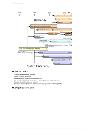 4.4.	Que	fait	Linux	?
Le	noyau	gère	les	processus	applicatifs
Attribue	et	récupère	la	mémoire
Gère	les	accès	aux	disques	et	au	processeur	(CPU)
Met	une	couche	d’abstraction	sur	le	matériel	pour	des	applications	“hardware-agnostic”
Fournit	la	sécurité	et	l’isolation	des	utilisateurs
Est	capable	de	passer	à	la	gestion	de	processus	multiples	(preemptive	multitasking,	SMP)
4.5.	Ubiquité	du	noyau	Linux
1.1.	Evolution	de	Linux
21
 