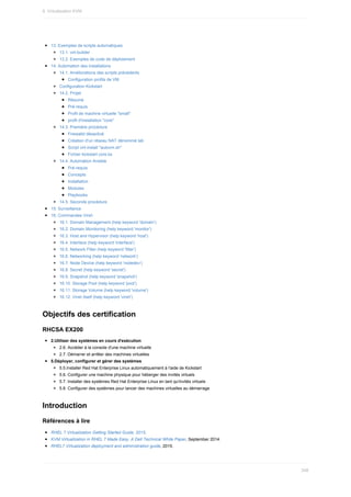 13.	Exemples	de	scripts	automatiques
13.1.	virt-builder
13.2.	Exemples	de	code	de	déploiement
14.	Automation	des	installations
14.1.	Améliorations	des	scripts	précédents
Configuration	profils	de	VM
Configuration	Kickstart
14.2.	Projet
Résumé
Pré-requis
Profil	de	machine	virtuelle	"small"
profil	d'installation	"core"
14.3.	Première	procédure
Firewalld	désactivé
Création	d'un	réseau	NAT	dénommé	lab
Script	virt-install	"autovm.sh"
Fichier	kickstart	core.ks
14.4.	Automation	Ansible
Pré-requis
Concepts
Installation
Modules
Playbooks
14.5.	Seconde	procédure
15.	Surveillance
16.	Commandes	Virsh
16.1.	Domain	Management	(help	keyword	'domain')
16.2.	Domain	Monitoring	(help	keyword	'monitor')
16.3.	Host	and	Hypervisor	(help	keyword	'host')
16.4.	Interface	(help	keyword	'interface')
16.5.	Network	Filter	(help	keyword	'filter')
16.6.	Networking	(help	keyword	'network')
16.7.	Node	Device	(help	keyword	'nodedev')
16.8.	Secret	(help	keyword	'secret')
16.9.	Snapshot	(help	keyword	'snapshot')
16.10.	Storage	Pool	(help	keyword	'pool')
16.11.	Storage	Volume	(help	keyword	'volume')
16.12.	Virsh	itself	(help	keyword	'virsh')
Objectifs	des	certification
RHCSA	EX200
2.Utiliser	des	systèmes	en	cours	d'exécution
2.6.	Accéder	à	la	console	d'une	machine	virtuelle
2.7.	Démarrer	et	arrêter	des	machines	virtuelles
5.Déployer,	configurer	et	gérer	des	systèmes
5.5.Installer	Red	Hat	Enterprise	Linux	automatiquement	à	l'aide	de	Kickstart
5.6.	Configurer	une	machine	physique	pour	héberger	des	invités	virtuels
5.7.	Installer	des	systèmes	Red	Hat	Enterprise	Linux	en	tant	qu'invités	virtuels
5.8.	Configurer	des	systèmes	pour	lancer	des	machines	virtuelles	au	démarrage
Introduction
Références	à	lire
RHEL	7	Virtualization	Getting	Started	Guide,	2015.
KVM	Virtualization	in	RHEL	7	Made	Easy,	A	Dell	Technical	White	Paper,	September	2014.
RHEL7	Virtualization	deployment	and	administration	guide,	2015.
9.	Virtualisation	KVM
248
 