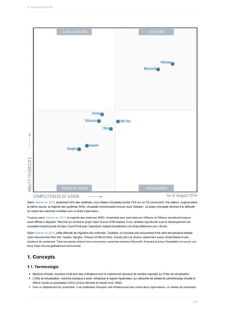 Selon	Gartner	en	2014,	seulement	45%	des	systèmes	Linux	étaient	virtualisés	(contre	70%	sur	un	OS	concurrent).	Par	ailleurs,	toujours	selon
la	même	source,	la	majorité	des	systèmes	RHEL	virtualisés	fonctionnaient	encore	sous	VMware	!	La	raison	principale	tiendrait	à	la	difficulté
de	migrer	les	machines	virtuelles	vers	un	autre	hyperviseur	...
Toujours	selon	Gartner	en	2015,	la	majorité	des	instances	RHEL	virtualisées	sont	exécutées	sur	VMware	et	VMware	semblerait	toujours
aussi	difficile	à	déplacer.	Red	Hat	qui	conduit	le	projet	Open	Source	KVM	dispose	d'une	véritable	opportunité	avec	le	développement	de
nouvelles	infrastructures	de	type	Cloud	Privé	avec	Openstack	malgré	actuellement	une	forte	préférence	pour	Ubuntu.
Selon	Gartner	en	2016,	cette	difficulté	de	migration	est	confirmée.	Toutefois,	on	trouvera	une	concurrence	forte	dans	les	solutions	basées
Open	Source	entre	Red	Hat,	Huawei,	Sangfor,	Virtuzzo	(KVM)	et	Citrix,	Oracle	(Xen)	et	Ubuntu	notamment	autour	d'OpenStack	et	des
solutions	de	containers.	Tous	ces	autres	acteurs	font	concurrence	contre	les	solutions	Microsoft.	A	travers	la	Linux	Foundation	on	trouve	une
force	Open	Source	globalement	concurrente.
1.	Concepts
1.1.	Terminologie
Machine	virtuelle,	domaine	invité	sont	des	ordinateurs	dont	le	matériel	est	reproduit	de	manière	logicielle	sur	l'hôte	de	virtualisation.
L'hôte	de	virtualisation,	machine	physique	a	priori,	embarque	le	logiciel	hyperviseur	qui	interprète	les	pilotes	de	périphériques	virtuels	et
offrent	l'accès	au	processeur	(CPU)	et	à	la	mémoire	de	travail	(vive,	RAM).
Pour	un	déploiement	en	production,	il	est	préférable	d'équiper	une	infrastructure	d'au	moins	deux	hyperviseurs,	un	réseau	de	production,
9.	Virtualisation	KVM
250
 