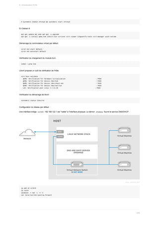 #	systemctl	enable	chronyd	&&	systemctl	start	chronyd
En	Debian	8.
apt-get	update	&&	sudo	apt-get	-y	upgrade
apt-get	-y	install	qemu-kvm	libvirt-bin	virtinst	virt-viewer	libguestfs-tools	virt-manager	uuid-runtime
Démarrage	du	commutateur	virtuel	par	défaut.
virsh	net-start	default
virsh	net-autostart	default
Vérification	du	chargement	du	module	kvm.
lsmod	|	grep	kvm
Libvirt	propose	un	outil	de	vérification	de	l'hôte.
virt-host-validate
		QEMU:	Vérification	for	hardware	virtualization																																	:	PASS
		QEMU:	Vérification	for	device	/dev/kvm																																									:	PASS
		QEMU:	Vérification	for	device	/dev/vhost-net																																			:	PASS
		QEMU:	Vérification	for	device	/dev/net/tun																																					:	PASS
		LXC:	Vérification	pour	Linux	>=	2.6.26																																								:	PASS
Vérification	du	démarrage	de	libvirt	:
systemctl	status	libvirtd
Configuration	du	réseau	par	défaut	:
Une	interface	bridge		
virbr0		192.168.122.1	est	"natée"	à	l'interface	physique.	Le	démon		
dnsmasq		fournit	le	service	DNS/DHCP.
ip	add	sh	virbr0
ip	route
iptables	-t	nat	-L	-n	-v
cat	/proc/sys/net/ipv4/ip_forward
9.	Virtualisation	KVM
255
 