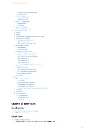 Scan	de	tous	les	périphériques	LVM
Vérification	PV
Phase	2	:	Volume	Group
Création	du	VG	vg1
Vérification	du	VG
Phase	3	:	Logical	Volumes
Création	des	LV
Vérification
Phase	4	:	Formatage
Phase	5	:	Points	de	montage
6.	Cas	2	:	RAID5	et	LVM
Scénario
Schéma
1.	Configuration	de	3	disques	de	4Go	en	RAID5	logiciel
2.	Configuration	LVM	à	4Go
2.1.	Ajout	de	l’array	dans	un	PV
2.2.	Création	du	VG
2.3.	Création	de	la	partition	de	4G
3.	Système	de	fichier	XFS
Formatage	XFS
Point	de	montage
4.	Ajout	d’un	4e	disque	de	4Go
4.1.	Création	d’un	partition	/dev/sde1
4.2.	Ajout	du	disque	dans	l’array
4.3.	Extension	l’array	sur	les	partitions
4.4.	Extension	du	PV
4.5.	Extension	du	VG	:
4.6.	Extension	du	LV	:
4.7.	Reformatage	dynamique,	extension	du	FS
5.	Snapshot
5.1.	Fichier	de	test
5.2.	Création	d’un	snapshot	de	1Go	:
5.3.	Suppression	du	fichier	de	test	:
5.4.	Montage	du	snapshot
6.	Test	RAID
Notes
7.	Cas	3	:	automatisation
7.1.	Partage
Solution	en	ligne	de	commande
Scripts	d’ajout	d’un	utilisateur	(1)
Scripts	d’ajout	d’un	utilisateur	(1)
7.2.	Script	de	sauvegarde	automatique	LVM	via	snapshots
8.	ISO9960
9.	Chiffrement
10.	Disques	réseau
10.1.	Montage	NFS
10.2.	Montage	CIFS
10.3.	iSCSI
Objectifs	de	certification
Linux	Essentials
Topic	4:	The	Linux	Operating	System	(weight:	8)
4.3	Where	Data	is	Stored
RHCSA	EX200
3.Configurer	le	stockage	local
3.1.	Lister,	créer,	supprimer	des	partitions	sur	des	disques	MBR	et	GPT
10.	Disques	et	Stockage	LVM
286
 