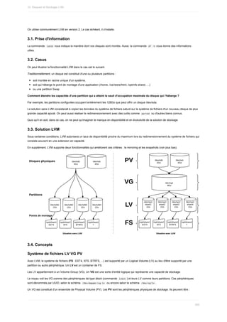 On	utilise	communément	LVM	en	version	2.	Le	cas	échéant,	il	s'installe.
3.1.	Prise	d'information
La	commande		
lsblk	vous	indique	la	manière	dont	vos	disques	sont	montés.	Aussi,	la	commande		
df	-h	vous	donne	des	informations
utiles.
3.2.	Casus
On	peut	illustrer	la	fonctionnalité	LVM	dans	le	cas	est	le	suivant.
Traditionnellement,	un	disque	est	constitué	d'une	ou	plusieurs	partitions	:
soit	montée	en	racine	unique	d'un	système,
soit	qui	héberge	le	point	de	montage	d'une	application	(/home,	/var/www/html,	/opt/nfs-share/,	...)
ou	une	partition	Swap
Comment	étendre	les	capacités	d'une	partition	qui	a	atteint	le	seuil	d'occupation	maximale	du	disque	qui	l'héberge	?
Par	exemple,	les	partitions	configurées	occupent	entièrement	les	128Go	que	peut	offrir	un	disque	/dev/sda.
La	solution	sans	LVM	consisterait	à	copier	les	données	du	système	de	fichiers	saturé	sur	le	système	de	fichiers	d'un	nouveau	disque	de	plus
grande	capacité	ajouté.	On	peut	aussi	réaliser	le	redimensionnement	avec	des	outils	comme		
parted		ou	d'autres	biens	connus.
Quoi	qu'il	en	soit,	dans	ce	cas,	on	ne	peut	qu'imaginer	le	manque	en	disponibilité	et	en	évolutivité	de	la	solution	de	stockage.
3.3.	Solution	LVM
Sous	certaines	conditions,	LVM	autorisera	un	taux	de	disponibilité	proche	du	maximum	lors	du	redimensionnement	du	système	de	fichiers	qui
consiste	souvent	en	une	extension	en	capacité.
En	supplément,	LVM	supporte	deux	fonctionnalités	qui	améliorent	ces	critères	:	le	mirroring	et	les	snapshots	(voir	plus	bas).
3.4.	Concepts
Système	de	fichiers	LV	VG	PV
Avec	LVM,	le	système	de	fichiers	(FS	:	EXT4,	XFS,	BTRFS,	...)	est	supporté	par	un	Logical	Volume	(LV)	au	lieu	d'être	supporté	par	une
partition	ou	autre	périphérique.	Un	LV	est	un	container	de	FS.
Les	LV	appartiennent	à	un	Volume	Group	(VG).	Un	VG	est	une	sorte	d'entité	logique	qui	représente	une	capacité	de	stockage.
Le	noyau	voit	les	VG	comme	des	périphériques	de	type	block	(commande		
lsblk	)	et	leurs	LV	comme	leurs	partitions.	Ces	périphériques
sont	dénommés	par	UUID,	selon	le	schéma		
/dev/mapper/vg-lv		ou	encore	selon	le	schéma		
/dev/vg/lv	.
Un	VG	est	constitué	d'un	ensemble	de	Physical	Volume	(PV).	Les	PV	sont	les	périphériques	physiques	de	stockage.	Ils	peuvent	être	:
10.	Disques	et	Stockage	LVM
300
 