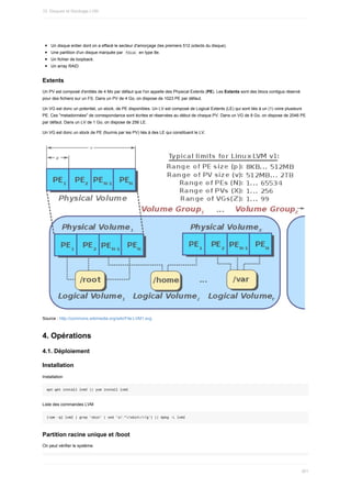 Un	disque	entier	dont	on	a	effacé	le	secteur	d'amorçage	(les	premiers	512	octects	du	disque).
Une	partition	d'un	disque	marquée	par		
fdisk		en	type	8e.
Un	fichier	de	loopback.
Un	array	RAID.
Extents
Un	PV	est	composé	d'entités	de	4	Mo	par	défaut	que	l'on	appelle	des	Physical	Extents	(PE).	Les	Extents	sont	des	blocs	contigus	réservé
pour	des	fichiers	sur	un	FS.	Dans	un	PV	de	4	Go,	on	dispose	de	1023	PE	par	défaut.
Un	VG	est	donc	un	potentiel,	un	stock,	de	PE	disponibles.	Un	LV	est	composé	de	Logical	Extents	(LE)	qui	sont	liés	à	un	(1)	voire	plusieurs
PE.	Ces	"metadonnées"	de	correspondance	sont	écrites	et	réservées	au	début	de	chaque	PV.	Dans	un	VG	de	8	Go,	on	dispose	de	2046	PE
par	défaut.	Dans	un	LV	de	1	Go,	on	dispose	de	256	LE.
Un	VG	est	donc	un	stock	de	PE	(fournis	par	les	PV)	liés	à	des	LE	qui	constituent	le	LV.
Source	:	http://commons.wikimedia.org/wiki/File:LVM1.svg
4.	Opérations
4.1.	Déploiement
Installation
Installation
apt-get	install	lvm2	||	yum	install	lvm2
Liste	des	commandes	LVM
(rpm	-ql	lvm2	|	grep	'sbin'	|	sed	's/.*/sbin///g')	||	dpkg	-L	lvm2
Partition	racine	unique	et	/boot
On	peut	vérifier	le	système
10.	Disques	et	Stockage	LVM
301
 
