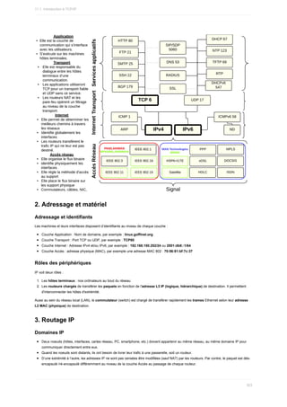 2.	Adressage	et	matériel
Adressage	et	identifiants
Les	machines	et	leurs	interfaces	disposent	d’identifiants	au	niveau	de	chaque	couche	:
Couche	Application	:	Nom	de	domaine,	par	exemple	:	linux.goffinet.org
Couche	Transport	:	Port	TCP	ou	UDP,	par	exemple	:	TCP80
Couche	Internet	:	Adresse	IPv4	et/ou	IPv6,	par	exemple	:	192.168.150.252/24	ou	2001:db8::1/64
Couche	Accès	:	adresse	physique	(MAC),	par	exemple	une	adresse	MAC	802	:	70:56:81:bf:7c:37
Rôles	des	périphériques
IP	voit	deux	rôles	:
1.	 Les	hôtes	terminaux	:	nos	ordinateurs	au	bout	du	réseau
2.	 Les	routeurs	chargés	de	transférer	les	paquets	en	fonction	de	l'adresse	L3	IP	(logique,	hiérarchique)	de	destination.	Il	permettent
d'interconnecter	les	hôtes	d'extrémité.
Aussi	au	sein	du	réseau	local	(LAN),	le	commutateur	(switch)	est	chargé	de	transférer	rapidement	les	trames	Ethernet	selon	leur	adresse
L2	MAC	(physique)	de	destination.
3.	Routage	IP
Domaines	IP
Deux	noeuds	(hôtes,	interfaces,	cartes	réseau,	PC,	smartphone,	etc.)	doivent	appartenir	au	même	réseau,	au	même	domaine	IP	pour
communiquer	directement	entre	eux.
Quand	les	noeuds	sont	distants,	ils	ont	besoin	de	livrer	leur	trafic	à	une	passerelle,	soit	un	routeur.
D’une	extrémité	à	l’autre,	les	adresses	IP	ne	sont	pas	censées	être	modifiées	(sauf	NAT)	par	les	routeurs.	Par	contre,	le	paquet	est	dés-
encapsulé	/ré-encapsulé	différemment	au	niveau	de	la	couche	Accès	au	passage	de	chaque	routeur.
11.1.	Introduction	à	TCP/IP
323
 