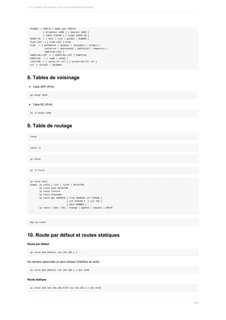 IFADDR	:=	PREFIX	|	ADDR	peer	PREFIX
										[	Broadcast	ADDR	]	[	anycast	ADDR	]
										[	label	STRING	]	[	scope	SCOPE-ID	]
SCOPE-ID	:=	[	host	|	link	|	global	|	NUMBER	]
FLAG-LIST	:=	[	FLAG-LIST	]	FLAG
FLAG		:=	[	permanent	|	dynamic	|	secondary	|	primary	|
											tentative	|	deprecated	|	dadfailed	|	temporary	|
											CONFFLAG-LIST	]
CONFFLAG-LIST	:=	[	CONFFLAG-LIST	]	CONFFLAG
CONFFLAG		:=	[	home	|	nodad	]
LIFETIME	:=	[	valid_lft	LFT	]	[	preferred_lft	LFT	]
LFT	:=	forever	|	SECONDS
8.	Tables	de	voisinage
Table	ARP	(IPv4)	:
ip	neigh	show
Table	ND	(IPv6)	:
ip	-6	neigh	show
9.	Table	de	routage
route
route	-6
ip	route
ip	-6	route
ip	route	help
Usage:	ip	route	{	list	|	flush	}	SELECTOR
							ip	route	save	SELECTOR
							ip	route	restore
							ip	route	showdump
							ip	route	get	ADDRESS	[	from	ADDRESS	iif	STRING	]
																												[	oif	STRING	]		[	tos	TOS	]
																												[	mark	NUMBER	]
							ip	route	{	add	|	del	|	change	|	append	|	replace	}	ROUTE
...
man	ip-route
10.	Route	par	défaut	et	routes	statiques
Route	par	défaut
ip	route	add	default	via	192.168.1.1
De	manière	optionnelle	on	peut	indiquer	l'interface	de	sortie	:
ip	route	add	default	via	192.168.1.1	dev	eth0
Route	statique
ip	route	add	192.168.100.0/24	via	192.168.1.1	dev	eth0
11.4.	Gestion	du	réseau	Linux	avec	la	librairie	iproute2
344
 