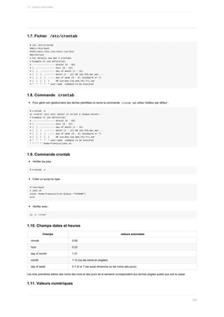 1.7.	Fichier		
/etc/crontab	
$	cat	/etc/crontab
SHELL=/bin/bash
PATH=/sbin:/bin:/usr/sbin:/usr/bin
MAILTO=root
#	For	details	see	man	4	crontabs
#	Example	of	job	definition:
#	.----------------	minute	(0	-	59)
#	|		.-------------	hour	(0	-	23)
#	|		|		.----------	day	of	month	(1	-	31)
#	|		|		|		.-------	month	(1	-	12)	OR	jan,feb,mar,apr	...
#	|		|		|		|		.----	day	of	week	(0	-	6)	(Sunday=0	or	7)
#	|		|		|		|		|					OR	sun,mon,tue,wed,thu,fri,sat
#	*		*		*		*		*	user-name		command-to-be-executed
1.8.	Commande		
crontab	
Pour	gérer	son	gestionnaire	des	tâches	planifiées	on	lance	la	commande		
crontab		qui	utilise	l’éditeur	par	défaut	:
$	crontab	-e
et	insérer	ceci	pour	lancer	un	script	à	chaque	minute	:
#	Example	of	job	definition:
#	.----------------	minute	(0	-	59)
#	|		.-------------	hour	(0	-	23)
#	|		|		.----------	day	of	month	(1	-	31)
#	|		|		|		.-------	month	(1	-	12)	OR	jan,feb,mar,apr	...
#	|		|		|		|		.----	day	of	week	(0	-	6)	(Sunday=0	or	7)
#	|		|		|		|		|					OR	sun,mon,tue,wed,thu,fri,sat
#	*		*		*		*		*	user-name		command	to	be	executed
*	*	*	*	*	/home/francois/job1.sh
1.9.	Commande	crontab
Vérifier	les	jobs	:
$	crontab	-l
Créer	un	script	du	type	:
#!/bin/bash
#	job1.sh
touch	/home/francois/cron-$(date	+"%Y%H%M")
exit
Vérifier	avec	:
ls	-l	~/cron*
1.10.	Champs	dates	et	heures
Champs valeurs	autorisées
minute 0-59
hour 0-23
day	of	month 1-31
month 1-12	(ou	les	noms	en	anglais)
day	of	week 0-7	(0	or	7	est	aussi	dimanche	ou	les	noms	des	jours)
Les	trois	premières	lettres	des	noms	des	mois	et	des	jours	de	la	semaine	correspondent	aux	termes	anglais	quelle	que	soit	la	casse.
1.11.	Valeurs	numériques
13.	Gestion	sécurisée
368
 