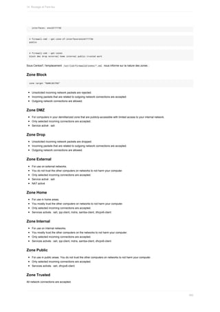 interfaces:	eno16777736
#	firewall-cmd	--get-zone-of-interface=eno16777736
public
#	firewall-cmd	--get-zones
block	dmz	drop	external	home	internal	public	trusted	work
Sous	Centos7,	l'emplacement		
/usr/lib/firewalld/zones/*.xml		nous	informe	sur	la	nature	des	zones	:
Zone	Block
zone	target	"%%REJECT%%"
Unsolicited	incoming	network	packets	are	rejected.
Incoming	packets	that	are	related	to	outgoing	network	connections	are	accepted.
Outgoing	network	connections	are	allowed.
Zone	DMZ
For	computers	in	your	demilitarized	zone	that	are	publicly-accessible	with	limited	access	to	your	internal	network.
Only	selected	incoming	connections	are	accepted.
Service	activé	:	ssh
Zone	Drop
Unsolicited	incoming	network	packets	are	dropped.
Incoming	packets	that	are	related	to	outgoing	network	connections	are	accepted.
Outgoing	network	connections	are	allowed.
Zone	External
For	use	on	external	networks.
You	do	not	trust	the	other	computers	on	networks	to	not	harm	your	computer.
Only	selected	incoming	connections	are	accepted.
Service	activé	:	ssh
NAT	activé
Zone	Home
For	use	in	home	areas.
You	mostly	trust	the	other	computers	on	networks	to	not	harm	your	computer.
Only	selected	incoming	connections	are	accepted.
Services	activés	:	ssh,	ipp-client,	mdns,	samba-client,	dhcpv6-client
Zone	Internal
For	use	on	internal	networks.
You	mostly	trust	the	other	computers	on	the	networks	to	not	harm	your	computer.
Only	selected	incoming	connections	are	accepted.
Services	activés	:	ssh,	ipp-client,	mdns,	samba-client,	dhcpv6-client
Zone	Public
For	use	in	public	areas.	You	do	not	trust	the	other	computers	on	networks	to	not	harm	your	computer.
Only	selected	incoming	connections	are	accepted.
Services	activés	:	ssh,	dhcpv6-client
Zone	Trusted
All	network	connections	are	accepted.
14.	Routage	et	Pare-feu
390
 