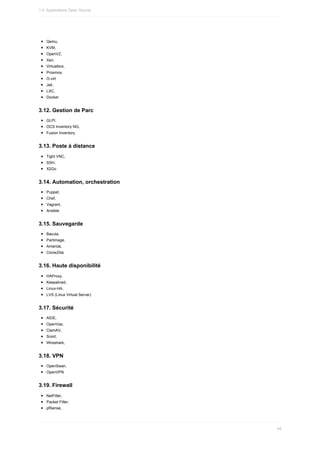 Qemu,
KVM,
OpenVZ,
Xen,
Virtualbox,
Proxmox,
O-virt
Jail,
LXC,
Docker
3.12.	Gestion	de	Parc
GLPI,
OCS	Inventory	NG,
Fusion	Inventory
3.13.	Poste	à	distance
Tight	VNC,
SSH,
X2Go
3.14.	Automation,	orchestration
Puppet,
Chef,
Vagrant,
Ansible
3.15.	Sauvegarde
Bacula,
Partimage,
Amanda,
CloneZilla
3.16.	Haute	disponibilité
HAProxy,
Keepalived,
Linux-HA,
LVS	(Linux	Virtual	Server)
3.17.	Sécurité
AIDE,
OpenVas,
ClamAV,
Snort,
Wireshark,
3.18.	VPN
OpenSwan,
OpenVPN
3.19.	Firewall
NetFilter,
Packet	Filter,
pfSense,
1.4.	Applications	Open	Source
44
 