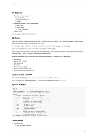 6.1.	Objectifs
Travail	en	solo	ou	en	équipe	:
topologie	client
topologies	client/server
pare-feu
Monter	des	sessions	TCP	et	UDP	avec	Netcat	:
dans	le	LAN
dans	l’Internet
A	travers	un	pare-feu
Rapport	de	lab
Prenez	uniquement	des	cibles	autorisées	!
6.2.	Netcat
Netcat	est	un	utilitaire	Unix	simple	qui	permet	de	gérer	les	sockets	(connexions	réseaux),	c’est-à-dire	qu’il	est	capable	d’établir	n’importe
qu’elle	connexion	à	un	serveur,	en	choisissant	le	port,	l’IP	etc.
Il	est	conçu	pour	être	un	outil	“back-end	“	et	peut-être	utilisé	directement	par	d’autres	programmes	et/ou	scripts.
Netcat	est	distribué	librement	sous	la	licence	GNU	Licence	Publique	Générale	(GPL).
Netcat	n'est	pas	nécessairement	un	outil	de	sécurité	mais	il	est	avant	tout	un	outil	de	hacking.	A	priori,	quelque	soit	l'environnement	dans
lequel	il	est	utilisé,	il	n'exige	aucun	droit	d'administration	pour	être	exécuté.
Réalisons	toutefois	que	cet	outil	rudimentaire	peut	mener	diverses	attaques	qui	sont	vues	ici	à	titre	pédagogique	:
scan	réseau,
scan	de	ports	TCP/UDP,
Banner	grabbing
Chat	ASCII
Remote	Backdoor	Shell
Reverse	Remote	Backdoor	Shell
Communications	sécurisées	SSL/Tor
Couteau	suisse	TCP/UDP
Binaire	Windows	à	télécharger	:	https://joncraton.org/files/nc111nt.zip	(mot	de	passe	:	nc)
Sous	Linux,	on	trouvera	un	binaire	traditionnel		
nc		et	une	version	améliorée	fournie	avec		
nmap	,		ncat	.
Syntaxe	de	Netcat
$	nc	-h
[v1.10]
connect	to	somewhere:				nc	[-options]	hostname	port[s]	[ports]	...
listen	for	inbound:				nc	-l	-p	port	[-options]	[hostname]	[port]
options:
				-g	gateway				source-routing	hop	point[s],	up	to	8
				-G	num								source-routing	pointer:	4,	8,	12,	...
				-h												this	cruft
				-i	secs								delay	interval	for	lines	sent,	ports	scanned
				-l												listen	mode,	for	inbound	connects
				-n												numeric-only	IP	addresses,	no	DNS
				-o	file								hex	dump	of	traffic
				-p	port								local	port	number
				-r												randomize	local	and	remote	ports
				-s	addr								local	source	address
				-u												UDP	mode
				-v												verbose	[use	twice	to	be	more	verbose]
				-w	secs								timeout	for	connects	and	final	net	reads
				-z												zero-I/O	mode	[used	for	scanning]
port	numbers	can	be	individual	or	ranges:	lo-hi	[inclusive]
Labs	à	réaliser
Topologies	client	:
Scan	de	ports	et	multi-ports
17.	Audit
443
 
