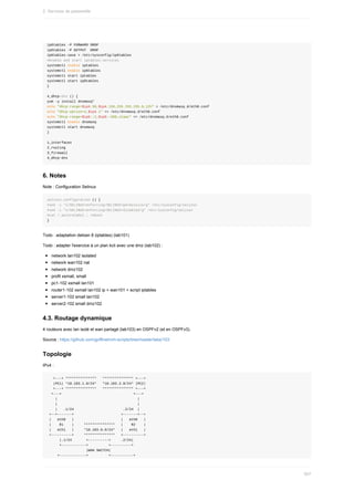 ip6tables	-P	FORWARD	DROP
ip6tables	-P	OUTPUT		DROP
ip6tables-save	>	/etc/sysconfig/ip6tables
#Enable	and	start	iptables-services
systemctl	enable	iptables
systemctl	enable	ip6tables
systemctl	start	iptables
systemctl	start	ip6tables
}
4_dhcp-dns	()	{
yum	-y	install	dnsmasq*
echo	"dhcp-range=$ip4.50,$ip4.150,255.255.255.0,12h"	>	/etc/dnsmasq.d/eth0.conf
echo	"dhcp-option=3,$ip4.1"	>>	/etc/dnsmasq.d/eth0.conf
echo	"dhcp-range=$ip6::2,$ip6::500,slaac"	>>	/etc/dnsmasq.d/eth0.conf
systemctl	enable	dnsmasq
systemctl	start	dnsmasq
}
1_interfaces
2_routing
3_firewall
4_dhcp-dns
6.	Notes
Note	:	Configuration	Selinux
selinux_configuration	()	{
#sed	-i	"s/SELINUX=enforcing/SELINUX=permissive/g"	/etc/sysconfig/selinux
#sed	-i	"s/SELINUX=enforcing/SELINUX=disabled/g"	/etc/sysconfig/selinux
#cat	/.autorelabel	;	reboot
}
Todo	:	adaptation	debian	8	(iptables)	(lab101)
Todo	:	adapter	l'exercice	à	un	plan	kcli	avec	une	dmz	(lab102)	:
network	lan102	isolated
network	wan102	nat
network	dmz102
profil	xsmall,	small
pc1-102	xsmall	lan101
router1-102	xsmall	lan102	ip	+	wan101	+	script	iptables
server1-102	small	lan102
server2-102	small	dmz102
4.3.	Routage	dynamique
4	routeurs	avec	lan	isolé	et	wan	partagé	(lab103)	en	OSPFv2	(et	en	OSPFv3).
Source	:	https://github.com/goffinet/virt-scripts/tree/master/labs/103
Topologie
IPv4	:
			+---+	***************			***************	+---+
			|PC1|	*10.103.1.0/24*			*10.103.2.0/24*	|PC2|
			+---+	***************			***************	+---+
		+---+																																			+---+
				|																																							|
				|																																							|
				|			.1/24																								.2/24		|
	+--+-------+																							+-------+--+
	|			eth0			|																							|			eth0			|
	|				R1				|					***************			|				R2				|
	|			eth1			|					*10.103.0.0/24*			|			eth1			|
	+----------+					***************			+----------+
						|.1/24							+----------+					.2/24|
						+------------+										+----------+
																			|WAN	SWITCH|
					+-------------+										+-----------+
2.	Services	de	passerelle
507
 