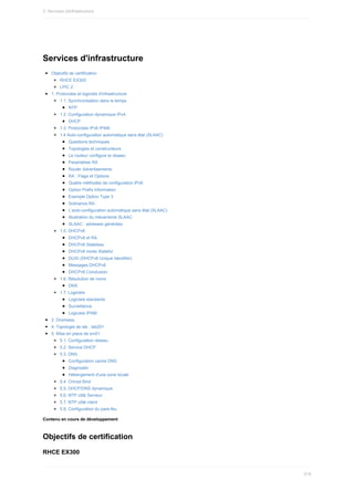 Services	d'infrastructure
Objectifs	de	certification
RHCE	EX300
LPIC	2
1.	Protocoles	et	logiciels	d'infrastructure
1.1.	Synchronisation	dans	le	temps
NTP
1.2.	Configuration	dynamique	IPv4
DHCP
1.3.	Protocoles	IPv6	IPAM
1.4	Auto-configuration	automatique	sans	état	(SLAAC)
Questions	techniques
Topologies	et	constructeurs
Le	routeur	configure	le	réseau
Paramètres	RA
Router	Advertisements
RA	:	Flags	et	Options
Quatre	méthodes	de	configuration	IPv6
Option	Prefix	Information
Exemple	Option	Type	3
Scénarios	RA
L’auto-configuration	automatique	sans	état	(SLAAC)
Illustration	du	mécanisme	SLAAC
SLAAC	:	adresses	générées
1.5.	DHCPv6
DHCPv6	et	RA
DHCPv6	Stateless
DHCPv6	mode	Stateful
DUID	(DHCPv6	Unique	Identifier)
Messages	DHCPv6
DHCPv6	Conclusion
1.6.	Résolution	de	noms
DNS
1.7.	Logiciels
Logiciels	standards
Surveillance
Logiciels	IPAM
2.	Dnsmasq
4.	Topologie	de	lab	:	lab201
5.	Mise	en	place	de	srv01
5.1.	Configuration	réseau
5.2.	Service	DHCP
5.3.	DNS
Configuration	cache	DNS
Diagnostic
Hébergement	d'une	zone	locale
5.4.	Chroot	Bind
5.5.	DHCP/DNS	dynamique
5.6.	NTP	côté	Serveur
5.7.	NTP	côté	client
5.8.	Configuration	du	pare-feu
Contenu	en	cours	de	développement
Objectifs	de	certification
RHCE	EX300
3.	Services	d)infrastructure
518
 